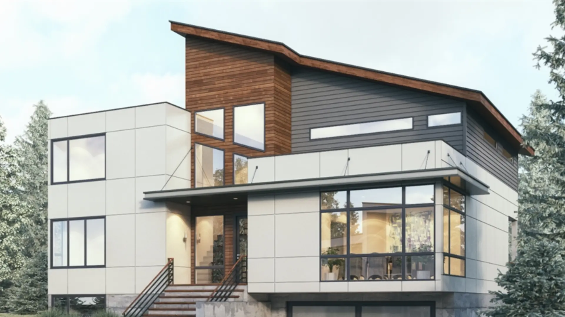 Contemporary house with white, gray, and wood exterior, featuring large windows and an angled roof.