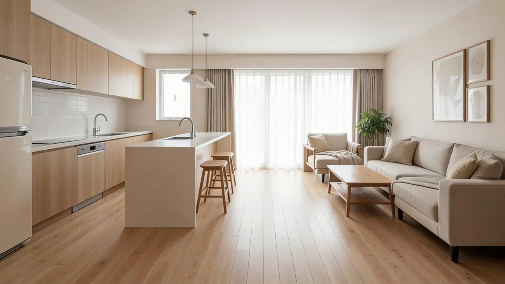 Open concept living space featuring a white kitchen island with stools, and a continous flooring in both spaces
