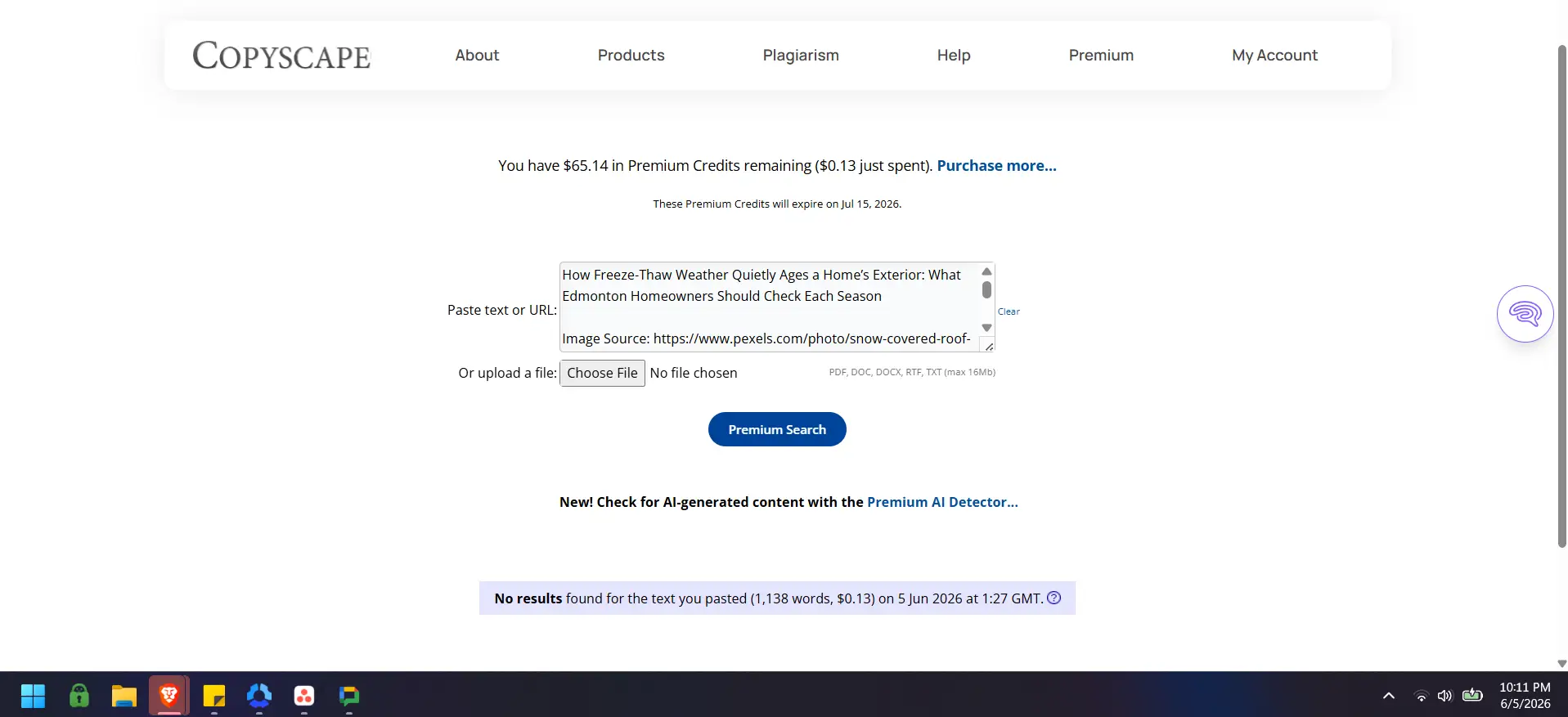 Copyscape premium search page with text box and buttons for plagiarism checking