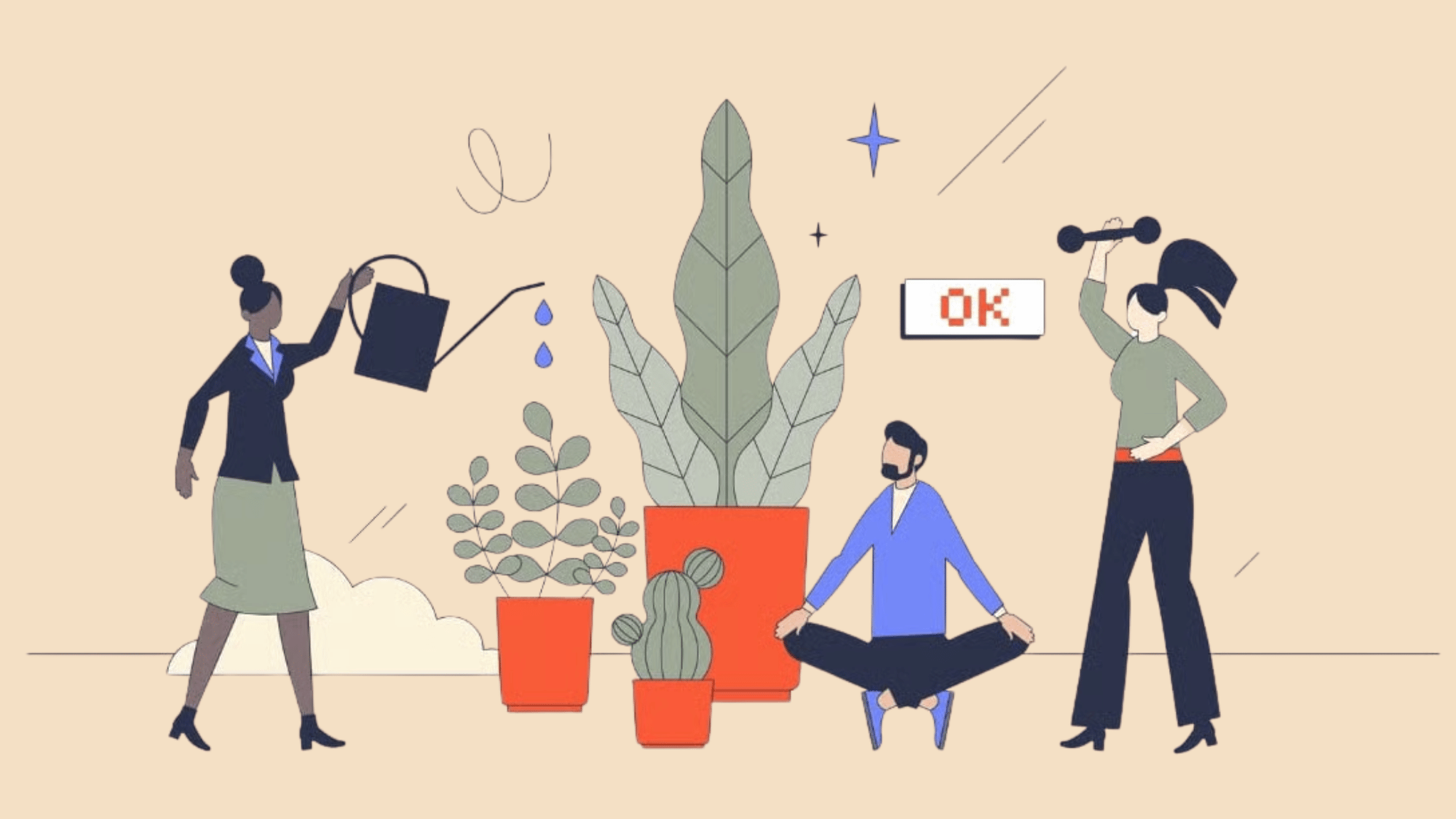Illustration of people doing office wellness activities, including meditation, fitness, and teamwork.