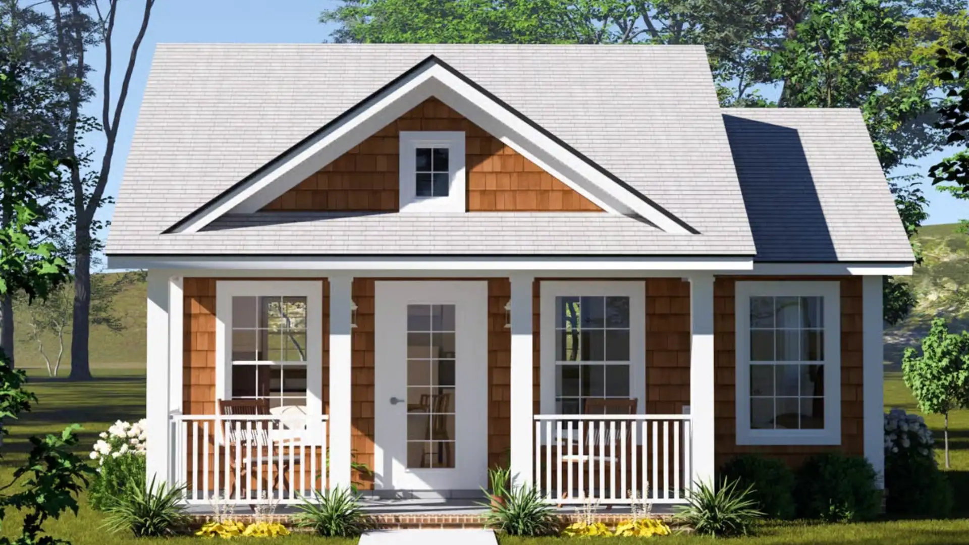 A small, brown, shingle-sided house with a white-trimmed gabled roof, front porch, and white door.