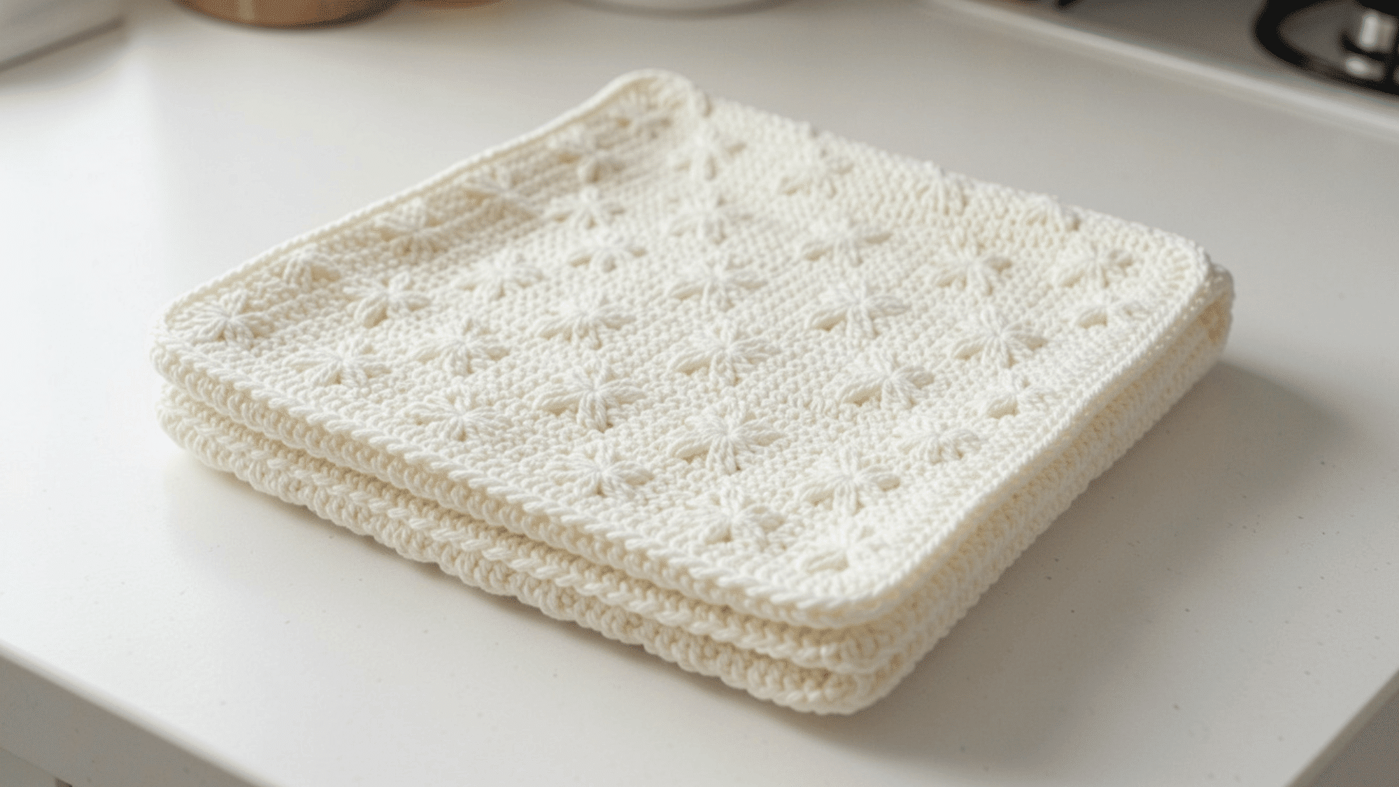 cotton crochet washcloth with star stitch texture, folded on a clean kitchen counter