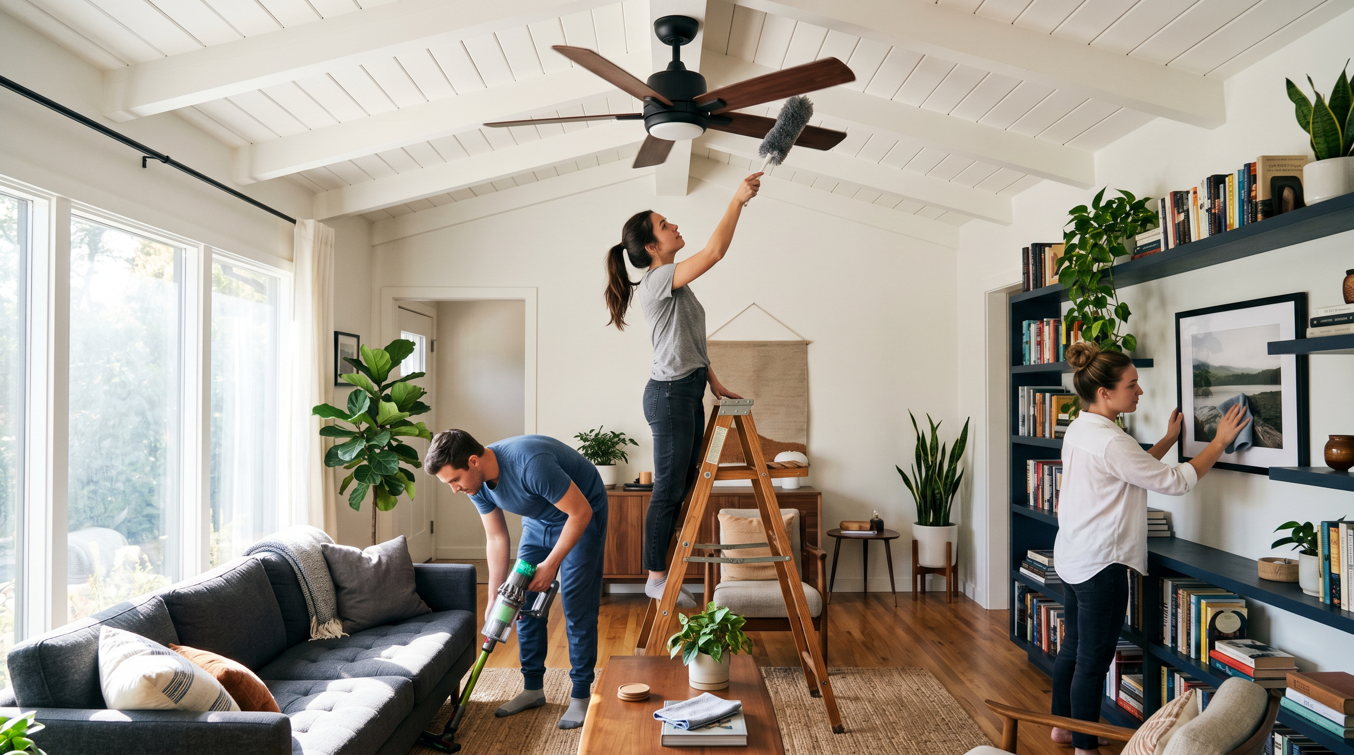 Three people cleaning a bright living room: dusting fan, vacuuming, and wiping shelves and frames.