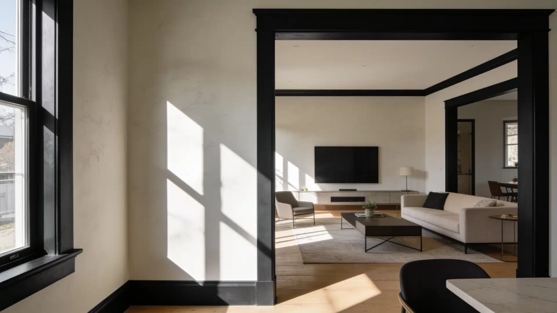 Bright living room showcasing black window trims against white walls, with sunlight highlighting the room's contemporary design