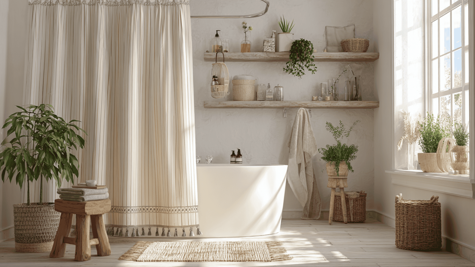 cream striped farmhouse shower curtain with tassel trim in a cozy modern rustic bathroom interior