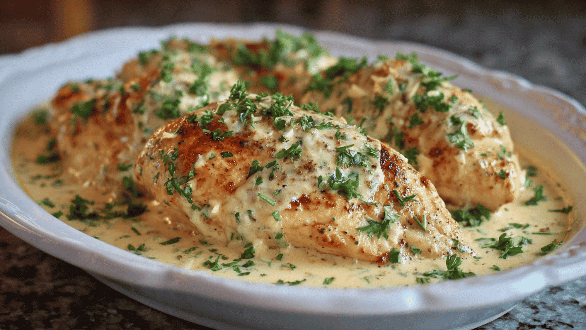 Tender chicken breasts simmering in a smooth, creamy white sauce made with heavy cream, garlic powder, and grated parmesan cheese inside a slow cooker.