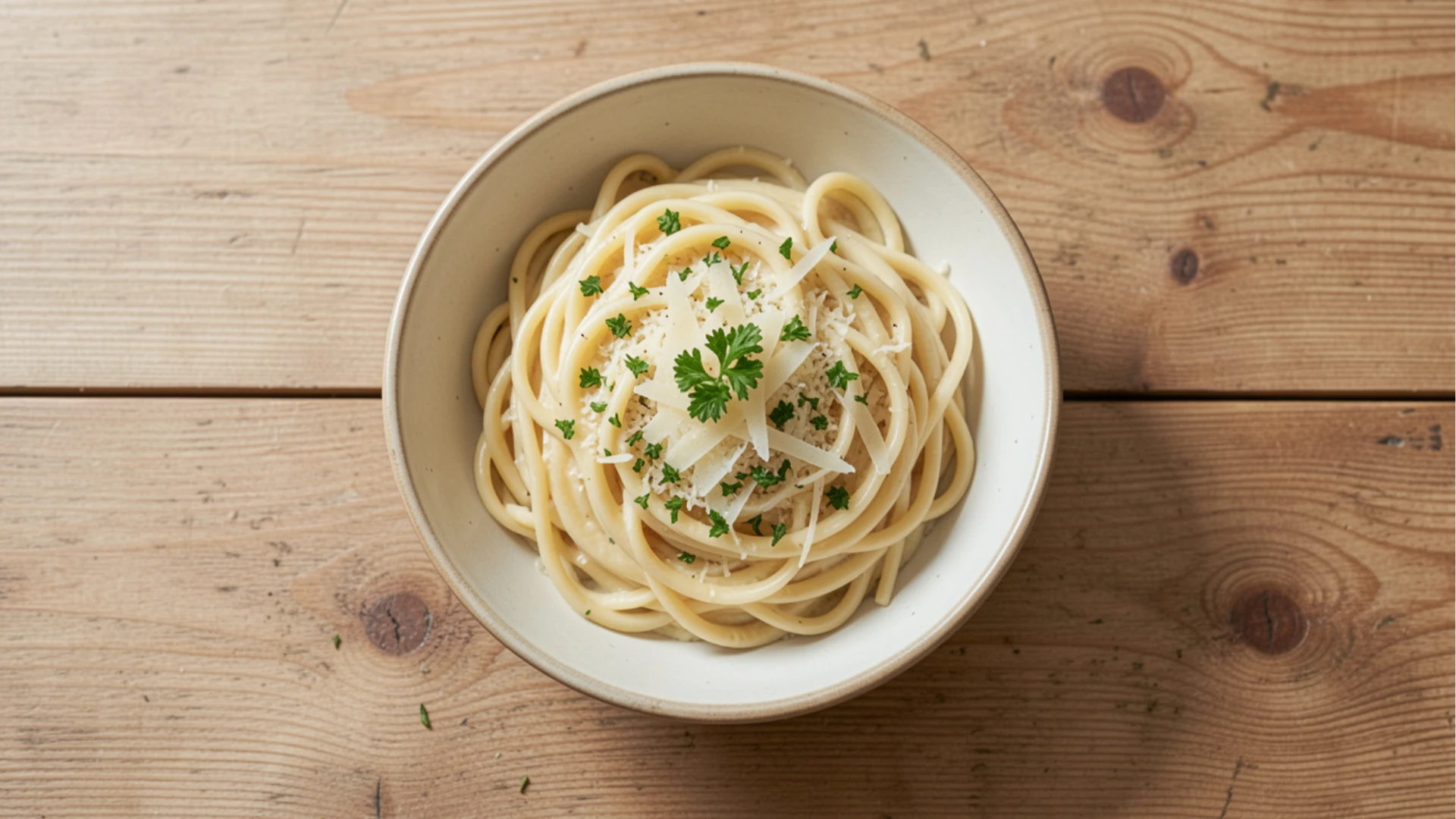A bowl of pasta topped with shredded parmesan cheese and parsley sits on a rustic wooden table