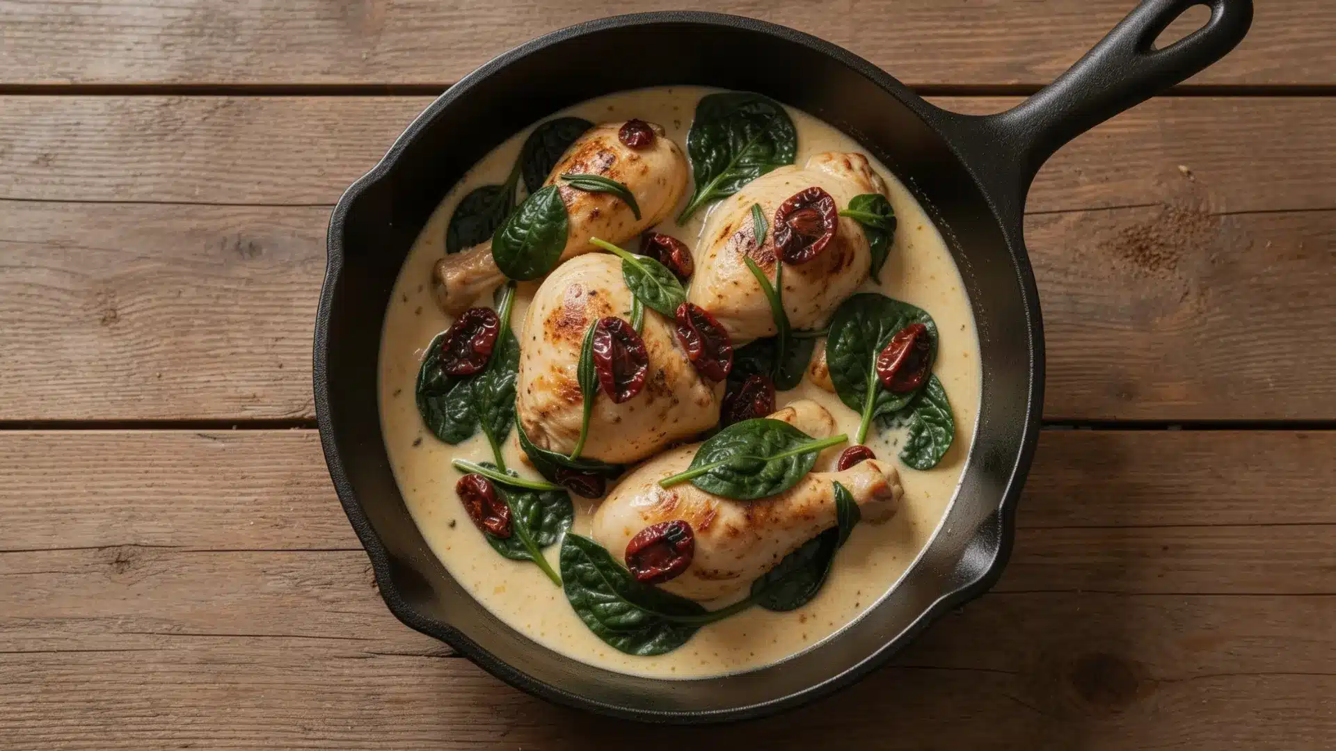 Chicken legs braised in creamy sauce with spinach and tomatoes in an iron skillet on a wooden table