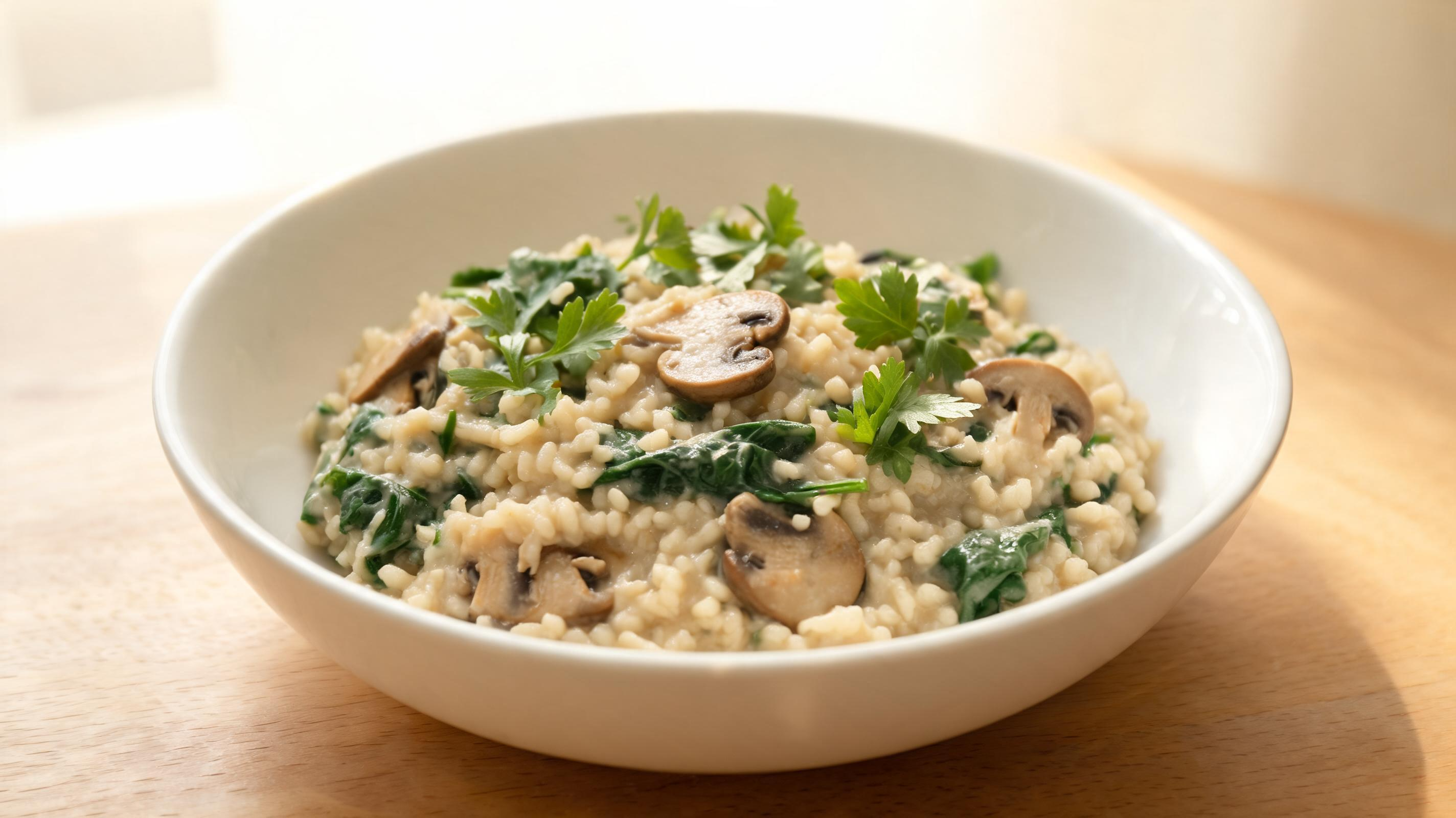 Creamy mushroom and spinach risotto served hot in a ceramic bowl.