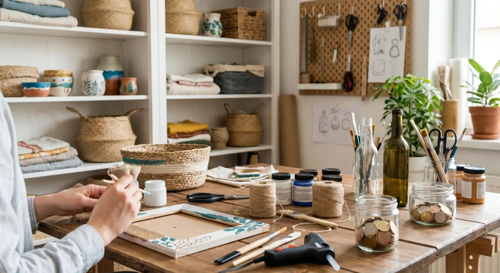 Crafting supplies and tools on a wooden table in a well-organized studio workspace