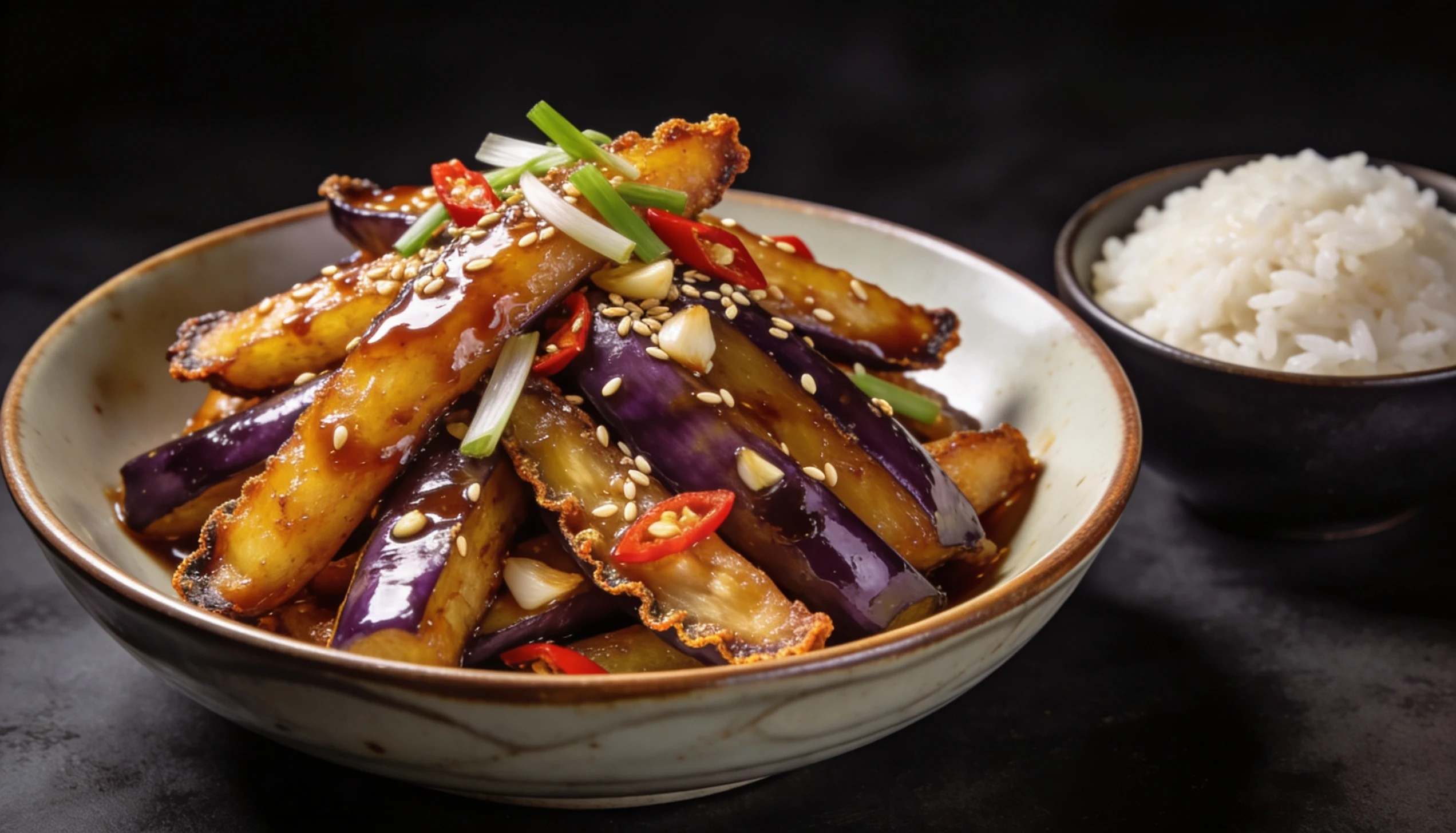 A bowl of eggplant garnished with sesame seeds and drizzled with sesame oil, showcasing a flavorful dish.