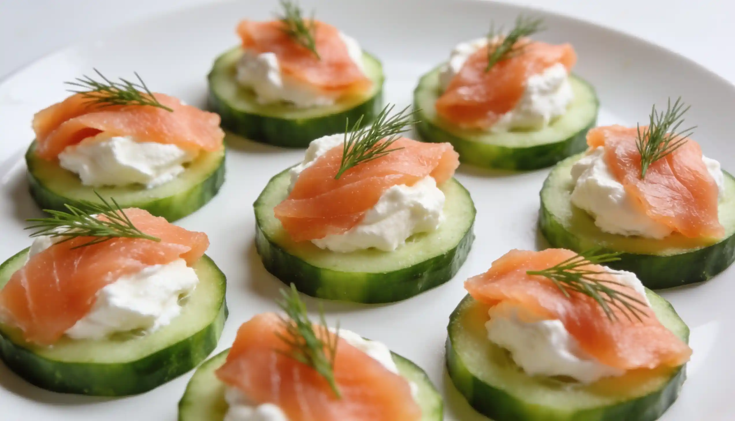 Cucumber bites topped with cream cheese, smoked salmon, and dill.