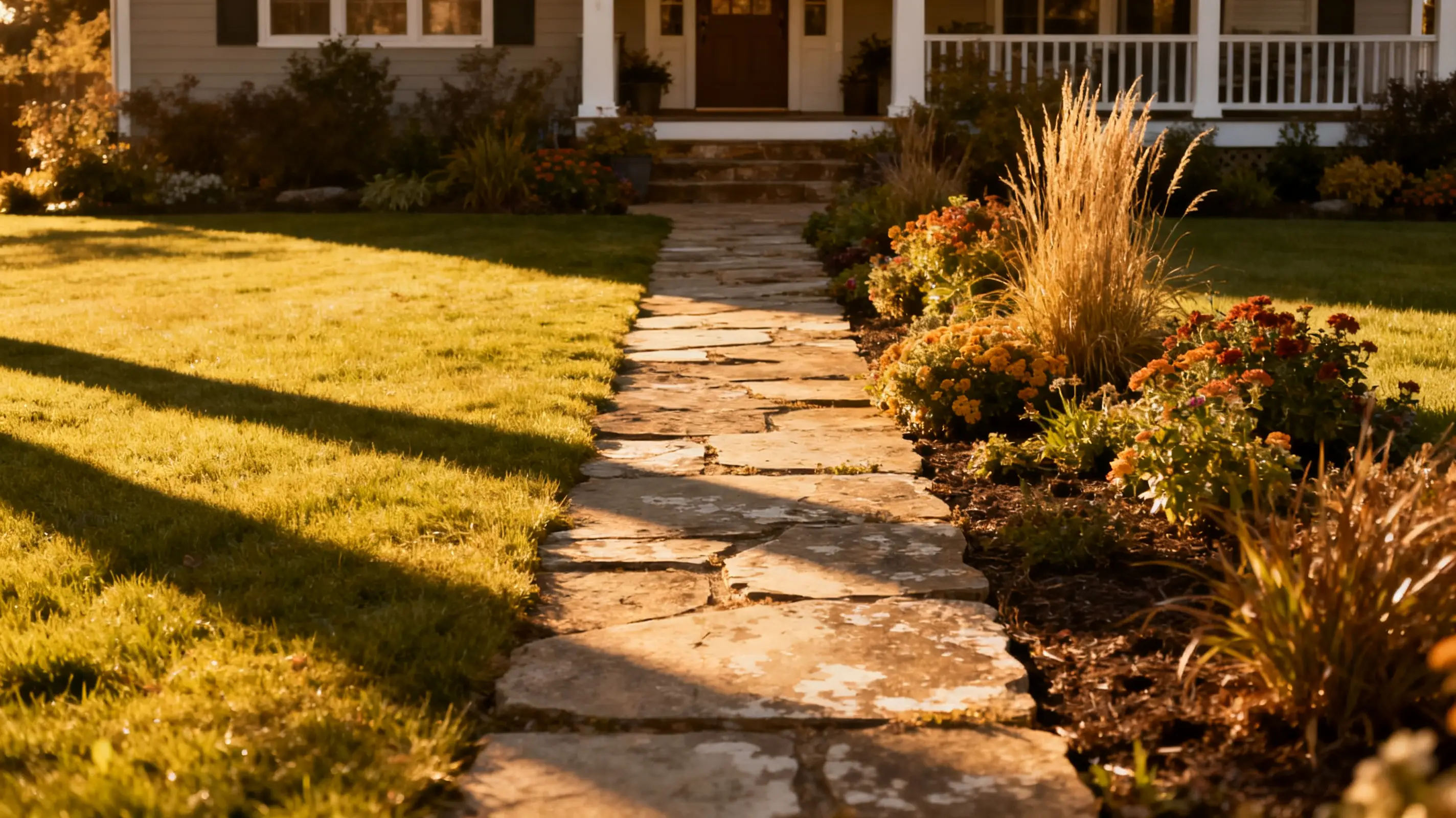 Stone path leading to front porch with colorful flowers and grasses in warm afternoon sunlight