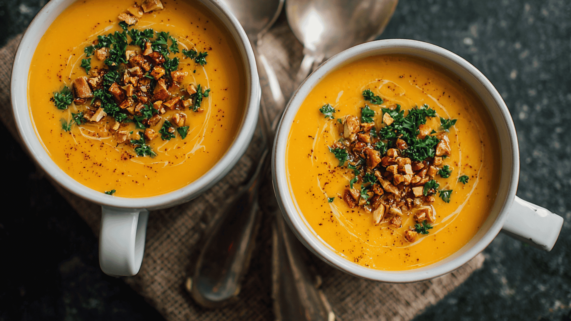 Smooth, creamy orange curried sweet potato soup served in a ceramic bowl, garnished with a light swirl of coconut milk, fresh cilantro leaves, and a sprinkle of crushed red pepper flakes.