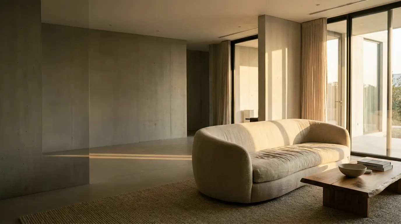 Curved beige sofa and wooden coffee table in minimalist living room with large windows