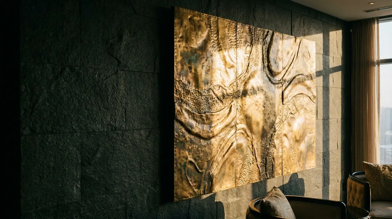 Large textured abstract artwork on a stone wall in a sunlit modern living room