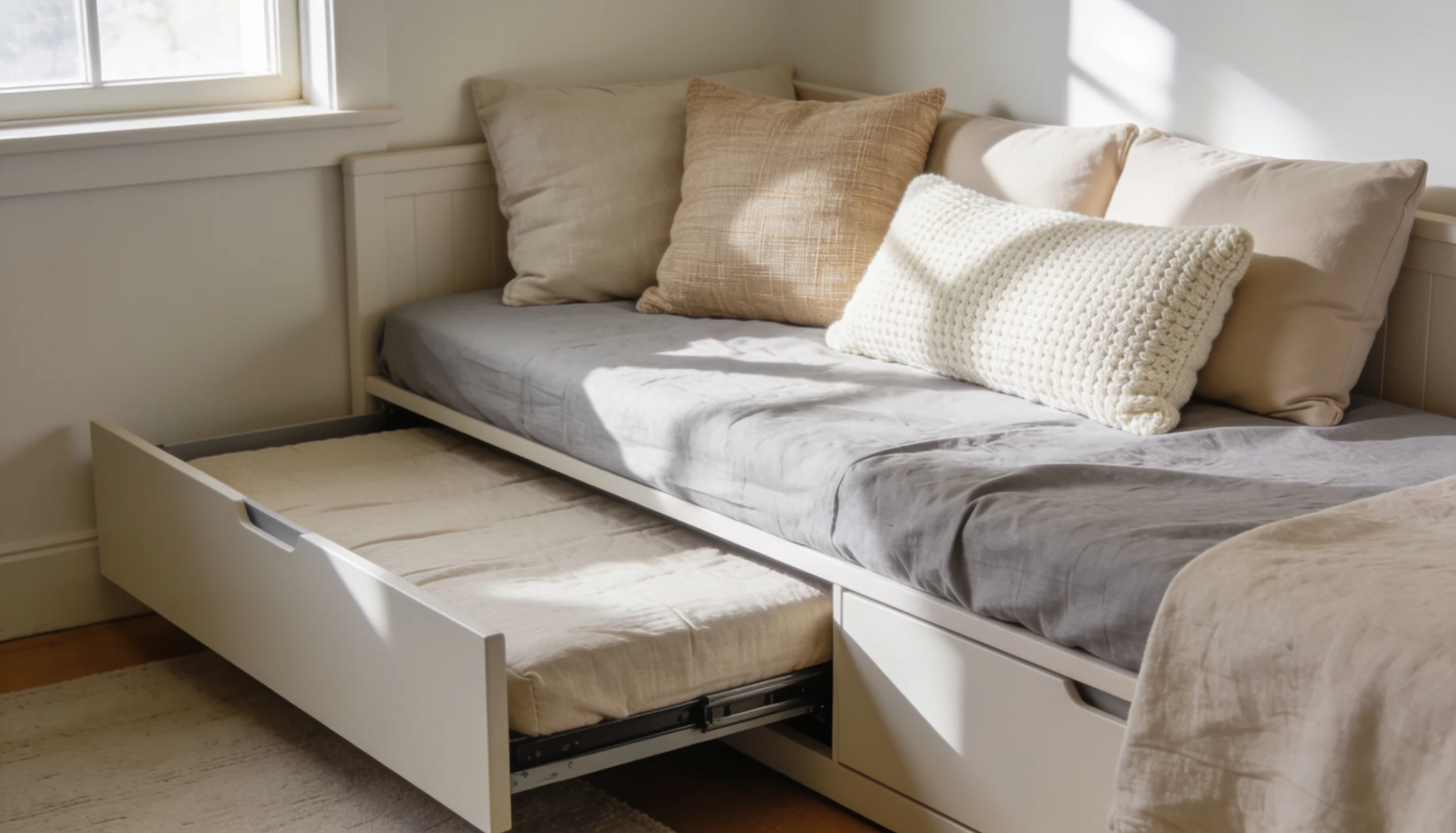 White daybed with a trundle bed pulled out, with neutral-toned pillows and blankets.
