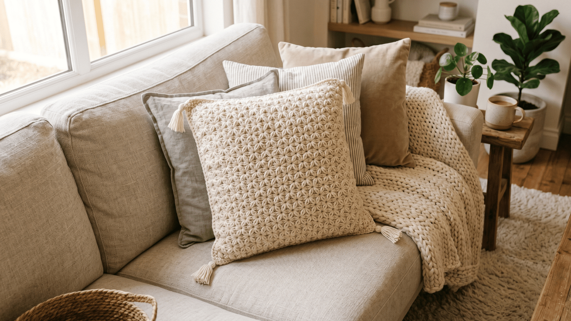 crochet pillow cover featuring raised star stitch texture