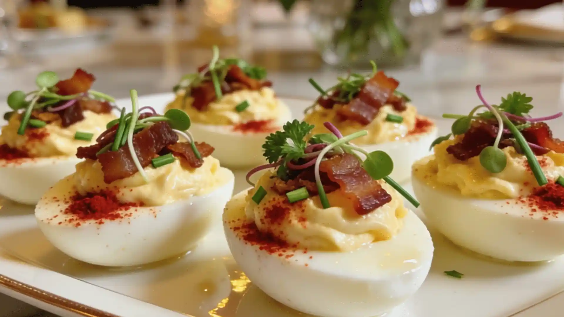 Deviled eggs topped with bacon bits, microgreens, and paprika are arranged on a white platter.