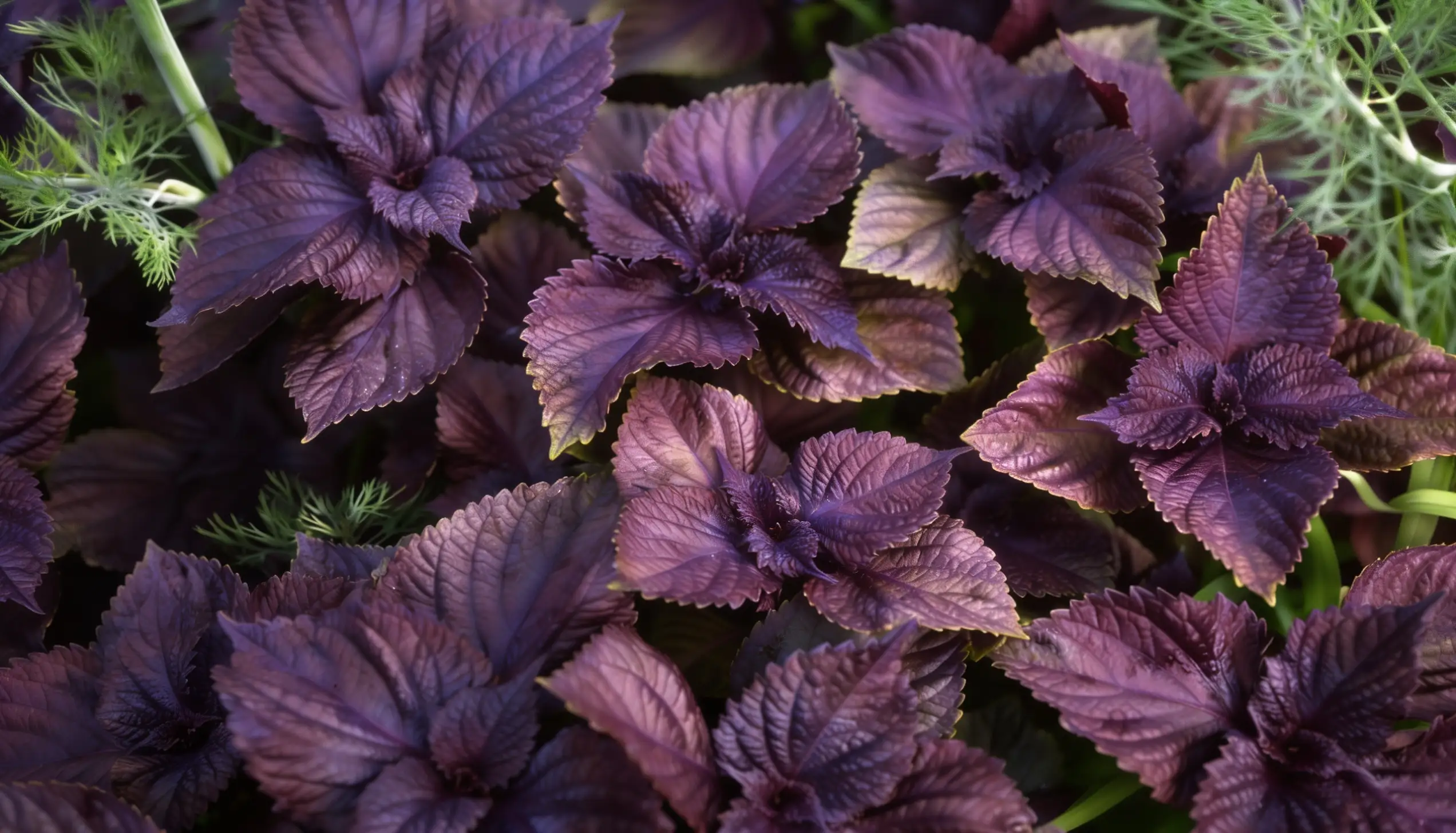 Close-up of dark purple shiso leaves with textured veins and lighter green foliage in the background.
