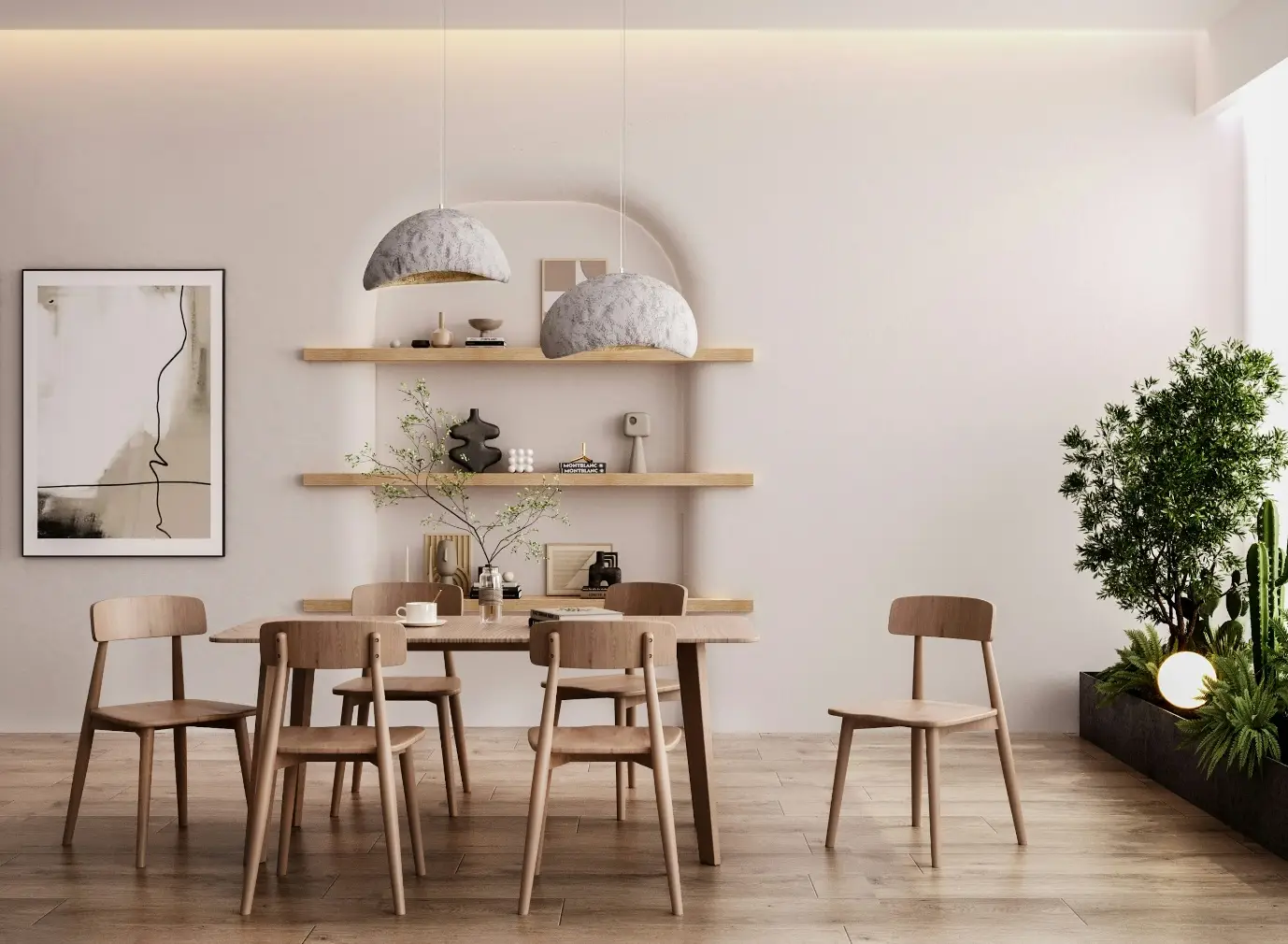 Modern dining room with wooden table, matching chairs, minimalist shelves, and indoor plants