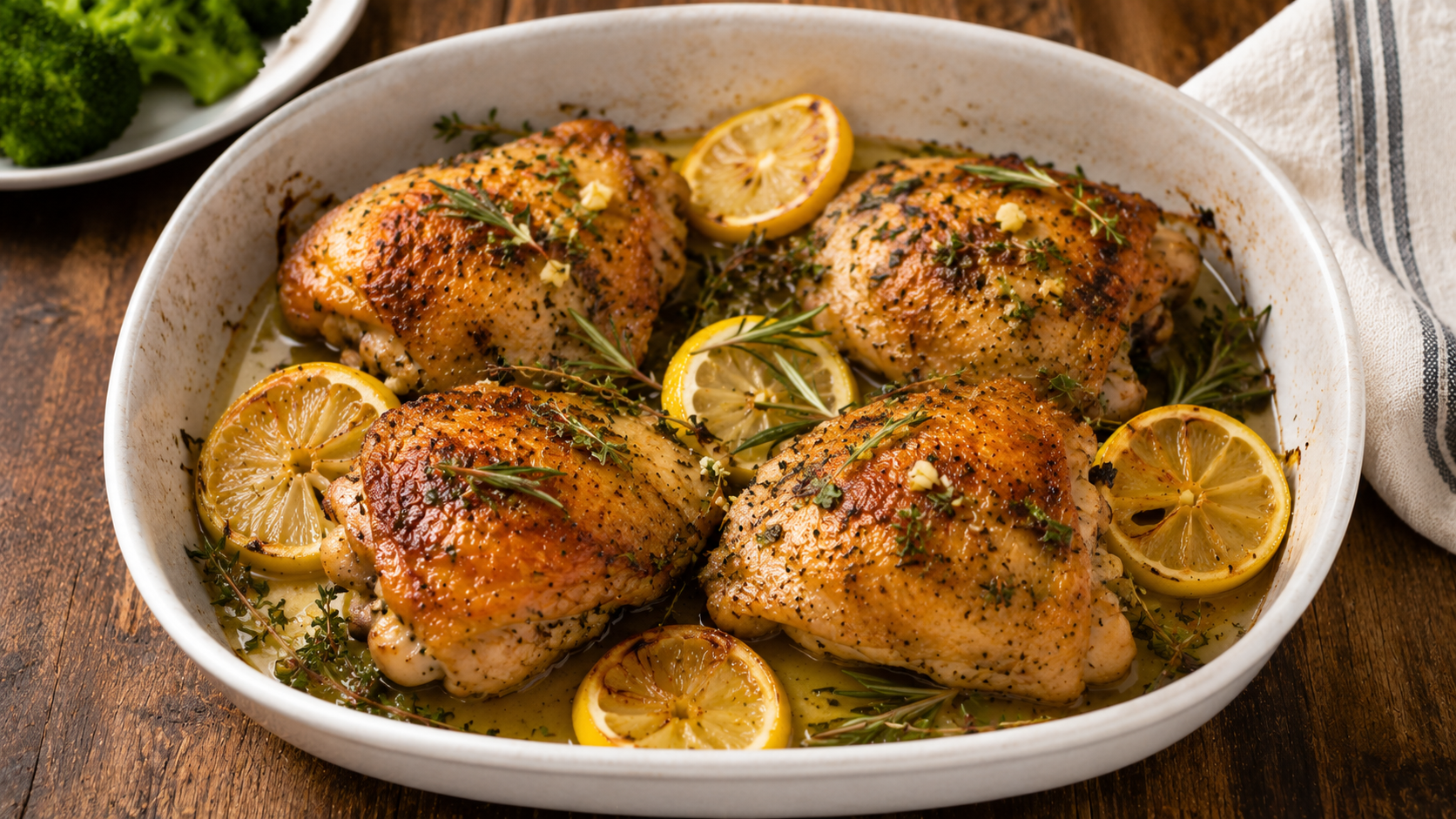 Golden lemon herb chicken thighs roasted with rosemary and thyme, served with lemon slices in a baking dish.