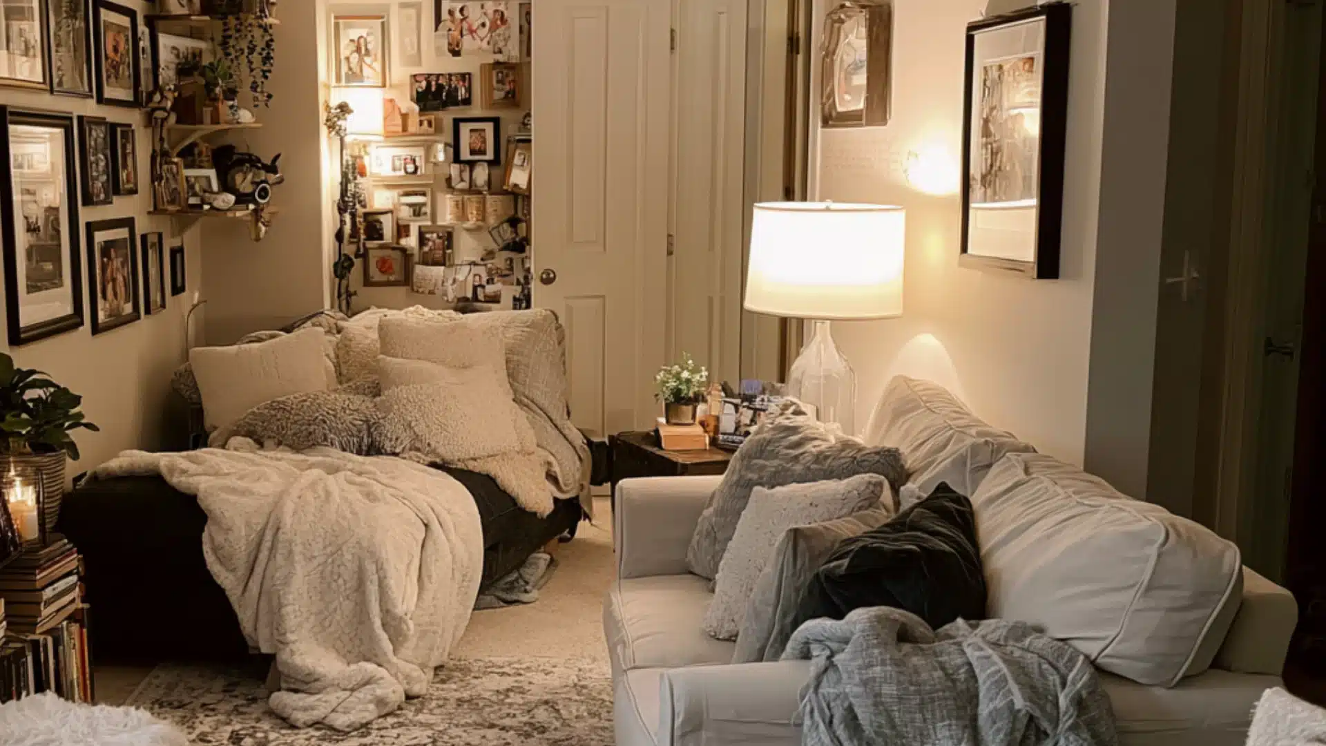 A cozy living room featuring a couch, a bed, and framed pictures adorning the walls