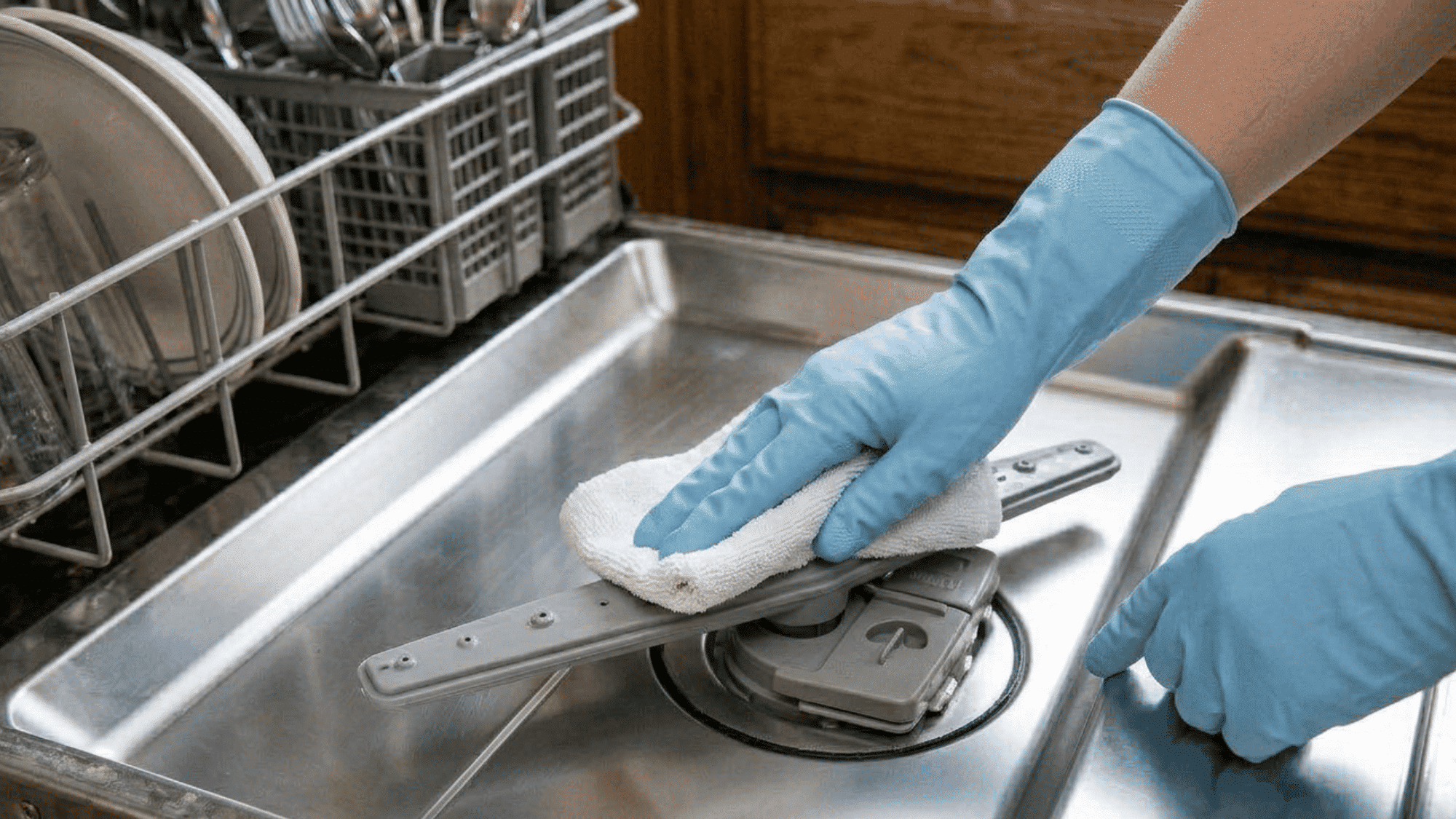 A person using a soft cloth to gently wipe down the interior walls and heating coils of a clean, open dishwasher.