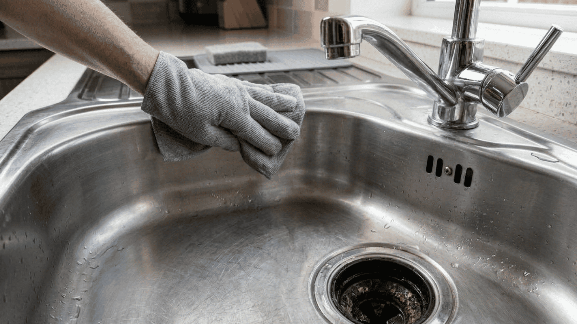 A clean microfiber cloth wiping down the surface of a stainless steel kitchen sink, drying it completely to prevent water spots.