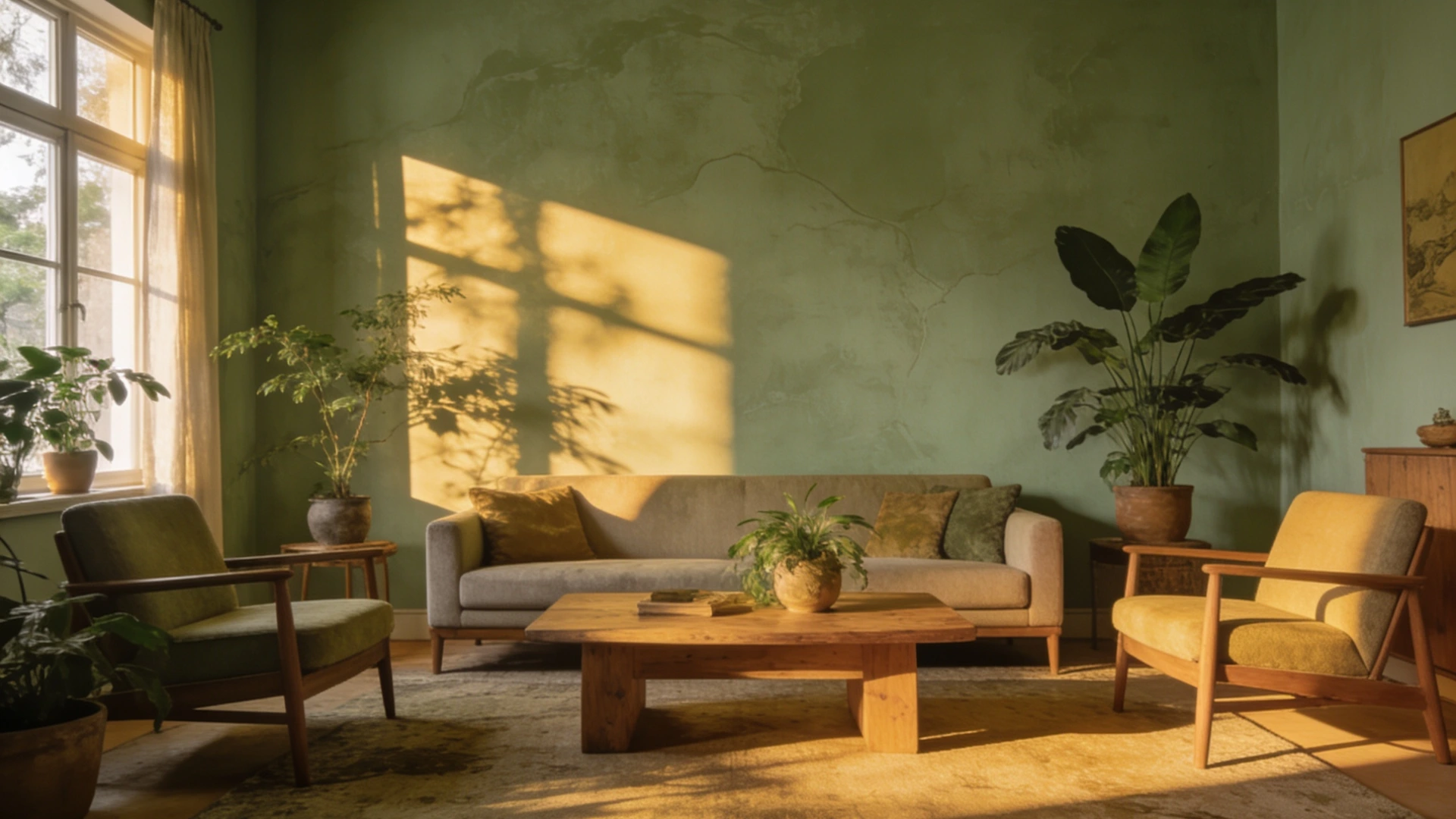 Sunlight streams across a cozy living room with a sofa, two armchairs, a wooden coffee table, and lush green plants.