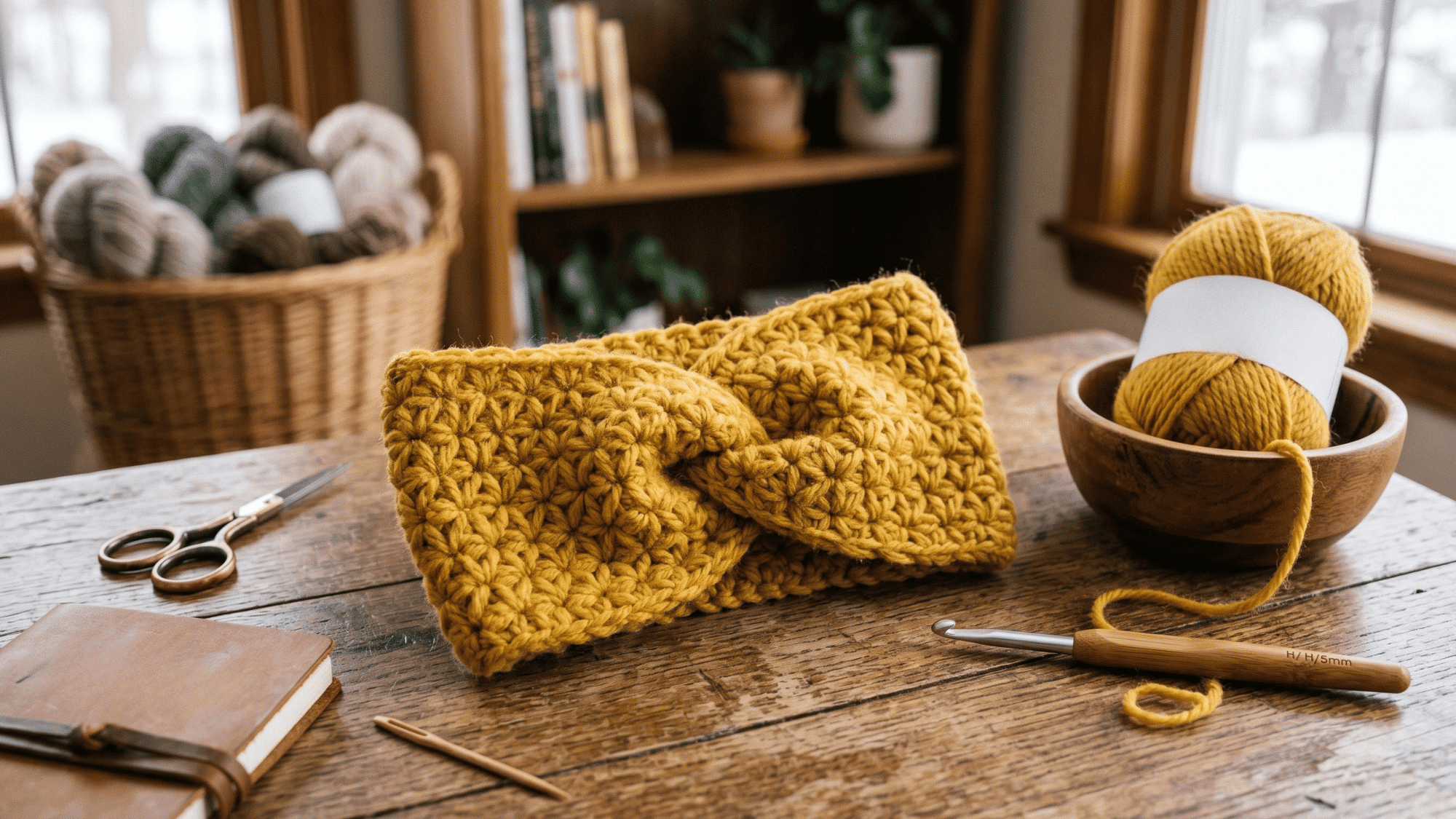 crochet ear warmer headband with star stitch texture, displayed with yarn and hook on a craft table
