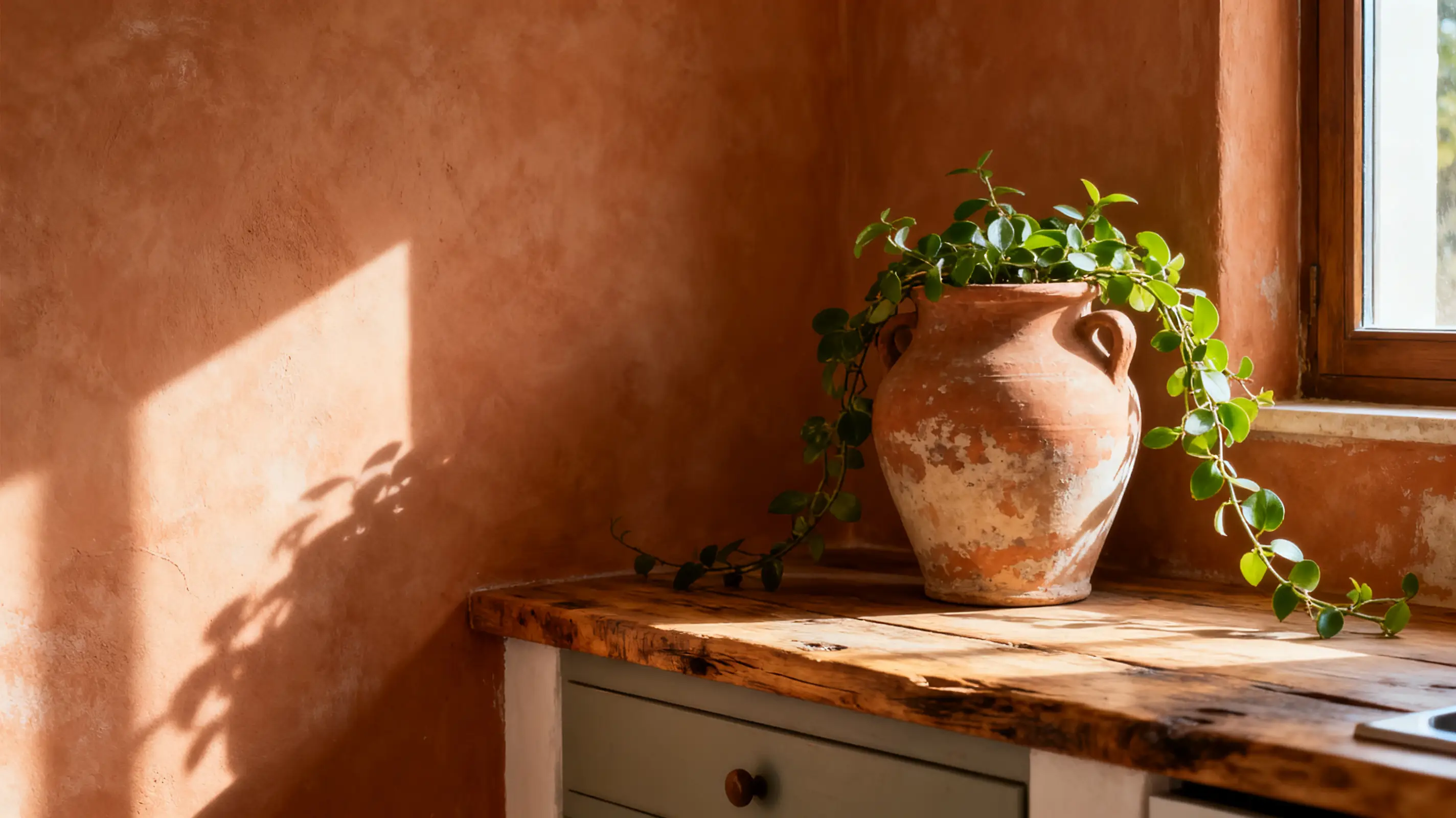 Potted plant in rustic terracotta vase on wooden counter in sunlit corner with warm terracotta wall