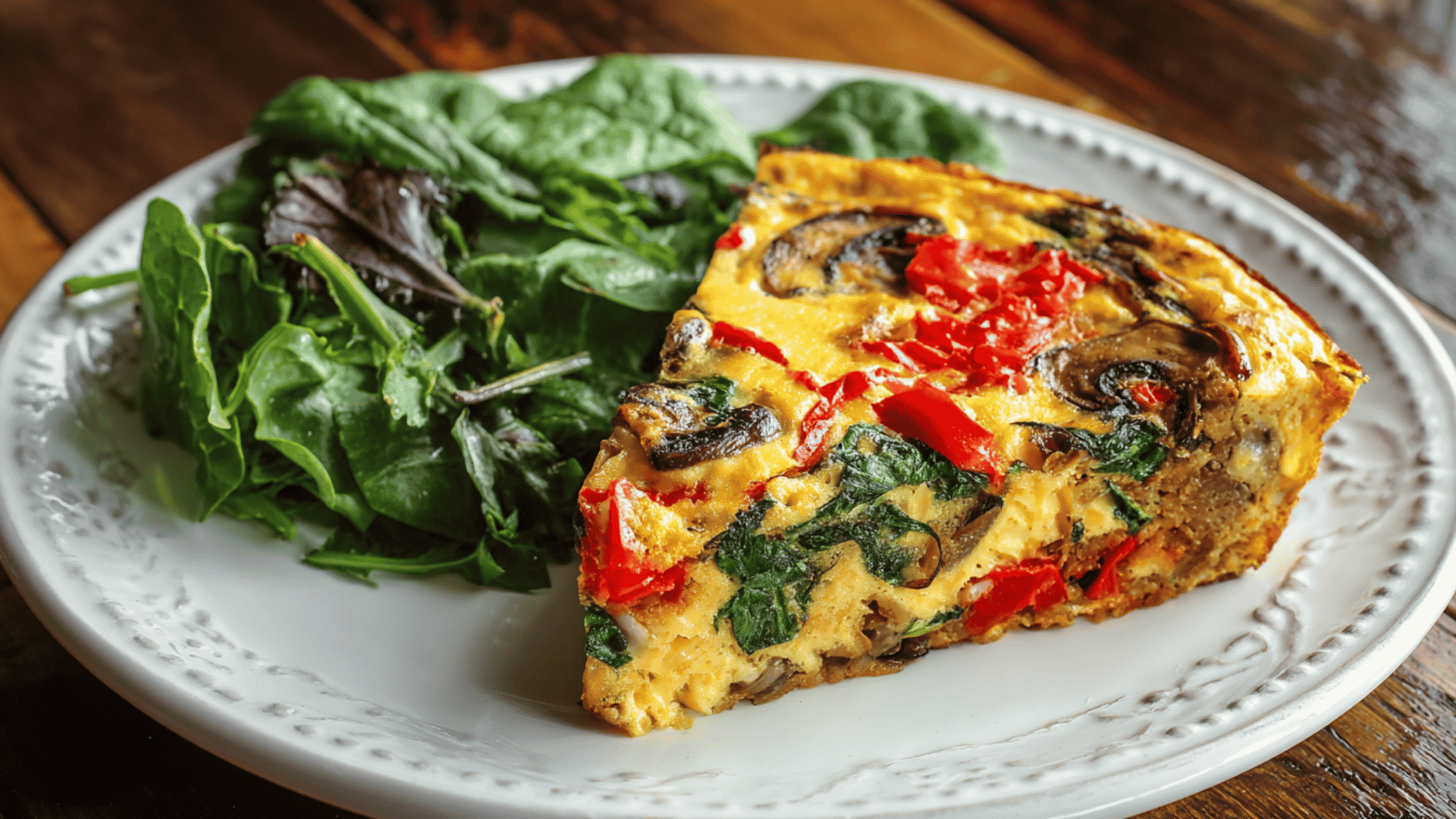 A golden, crustless egg frittata baked in a skillet, loaded with colorful cherry tomato halves, vibrant green baby spinach, diced red bell peppers, and crumbled white feta cheese.