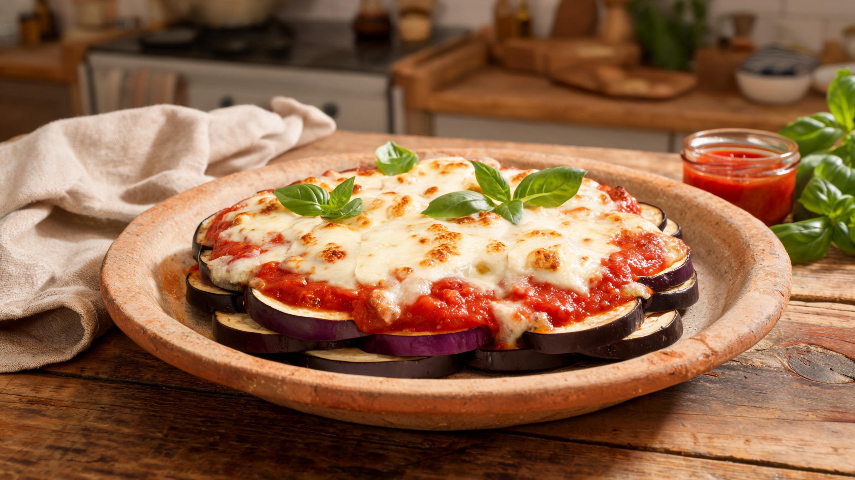 Golden-brown baked eggplant slices topped with tomato sauce, melted cheese, and basil leaves.