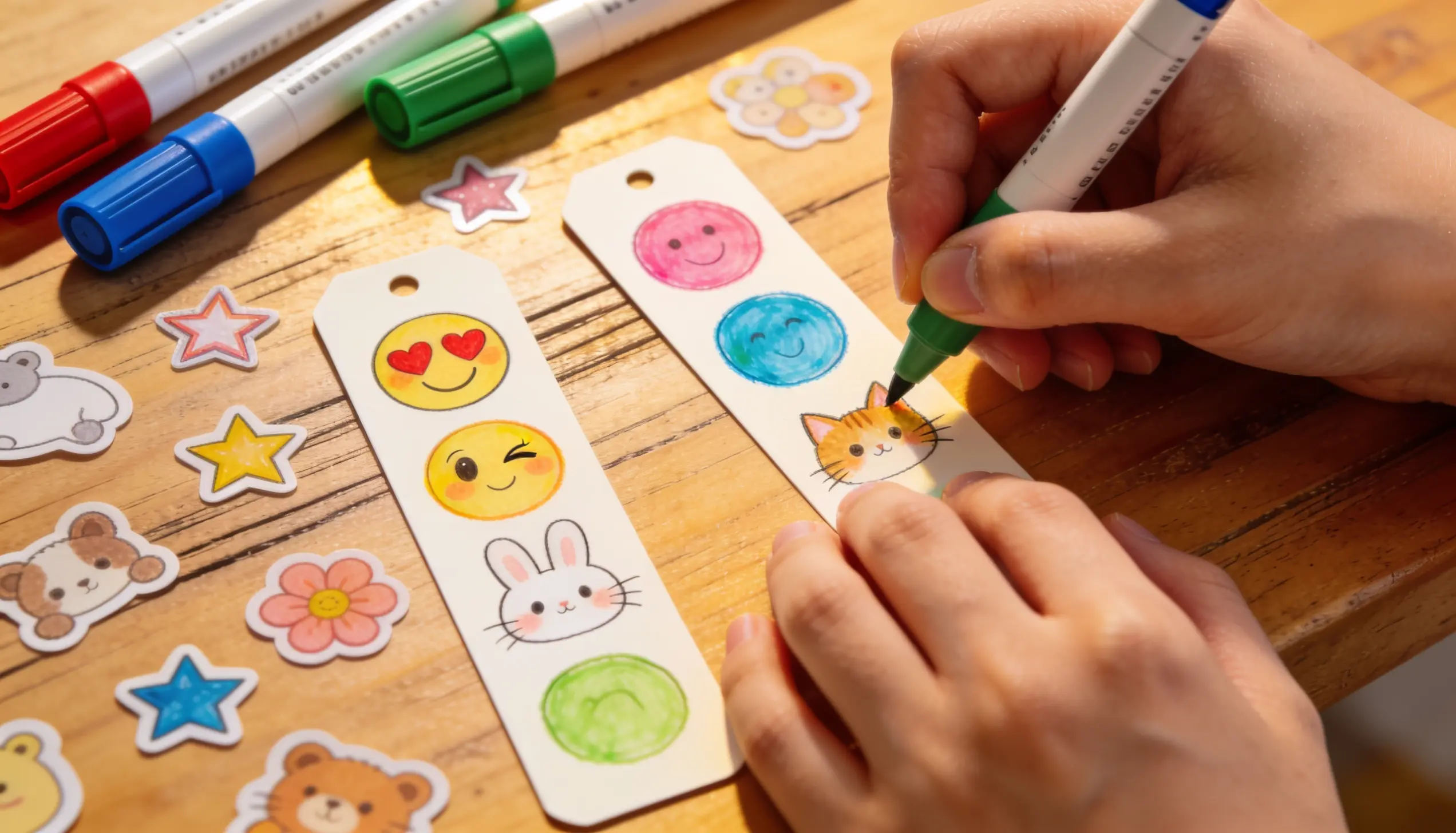 A collection of colorful emoji and cartoon-themed bookmarks displayed together on a white background.