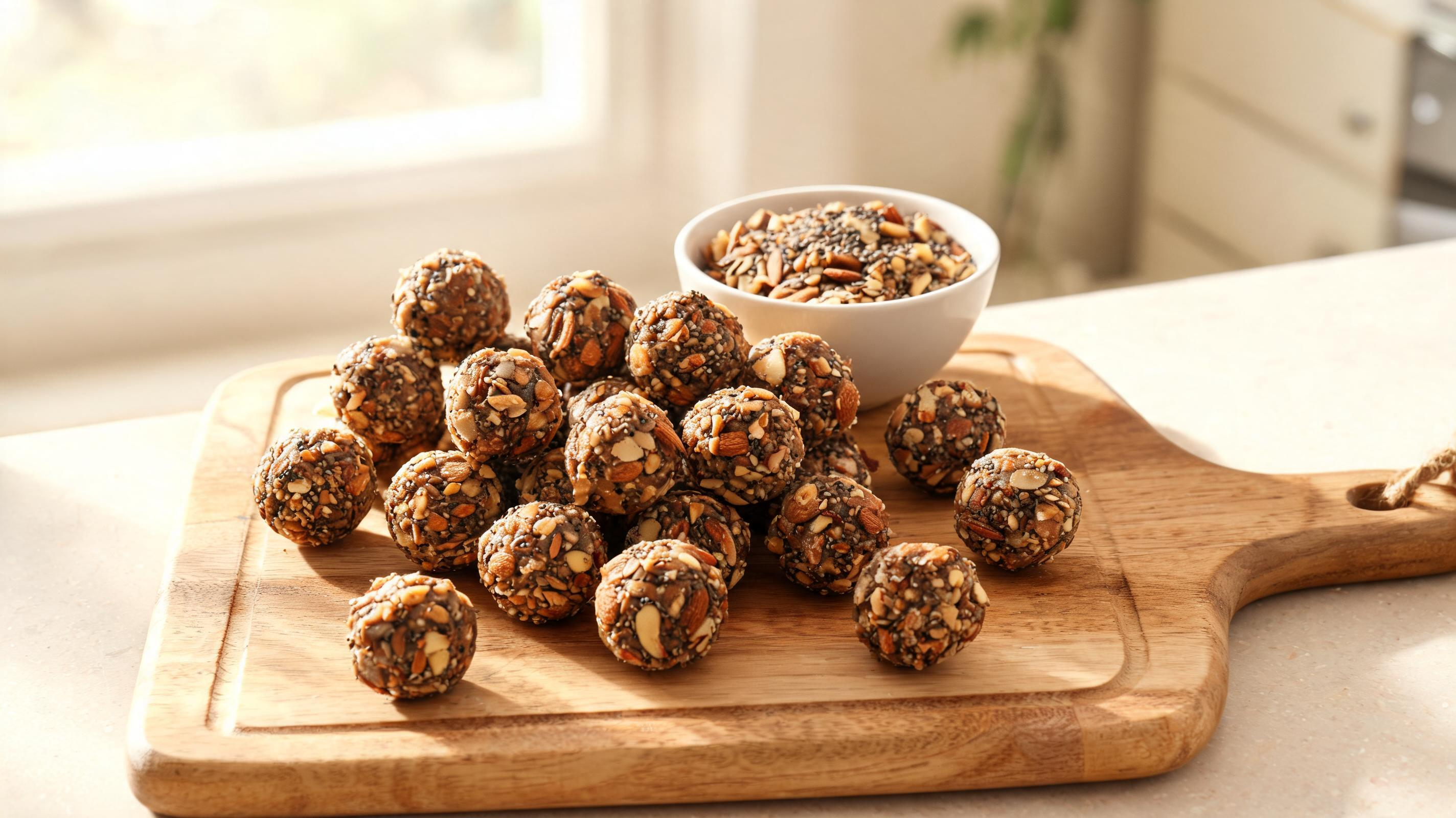 No-bake energy bites made with blended dates, rolled oats, and chopped nuts.