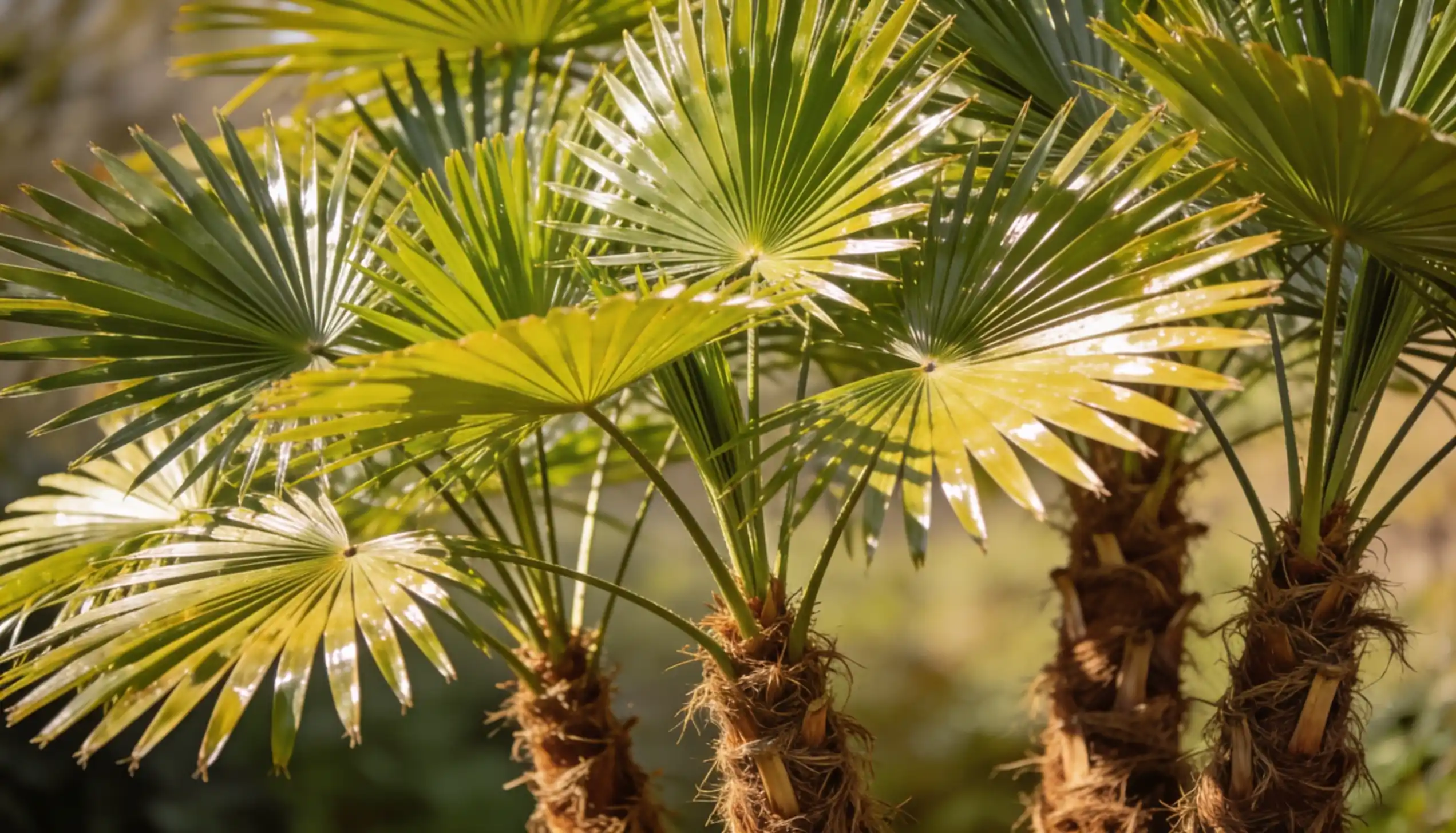 Close-up of fan-shaped palm fronds illuminated by sunlight against a blurred background.