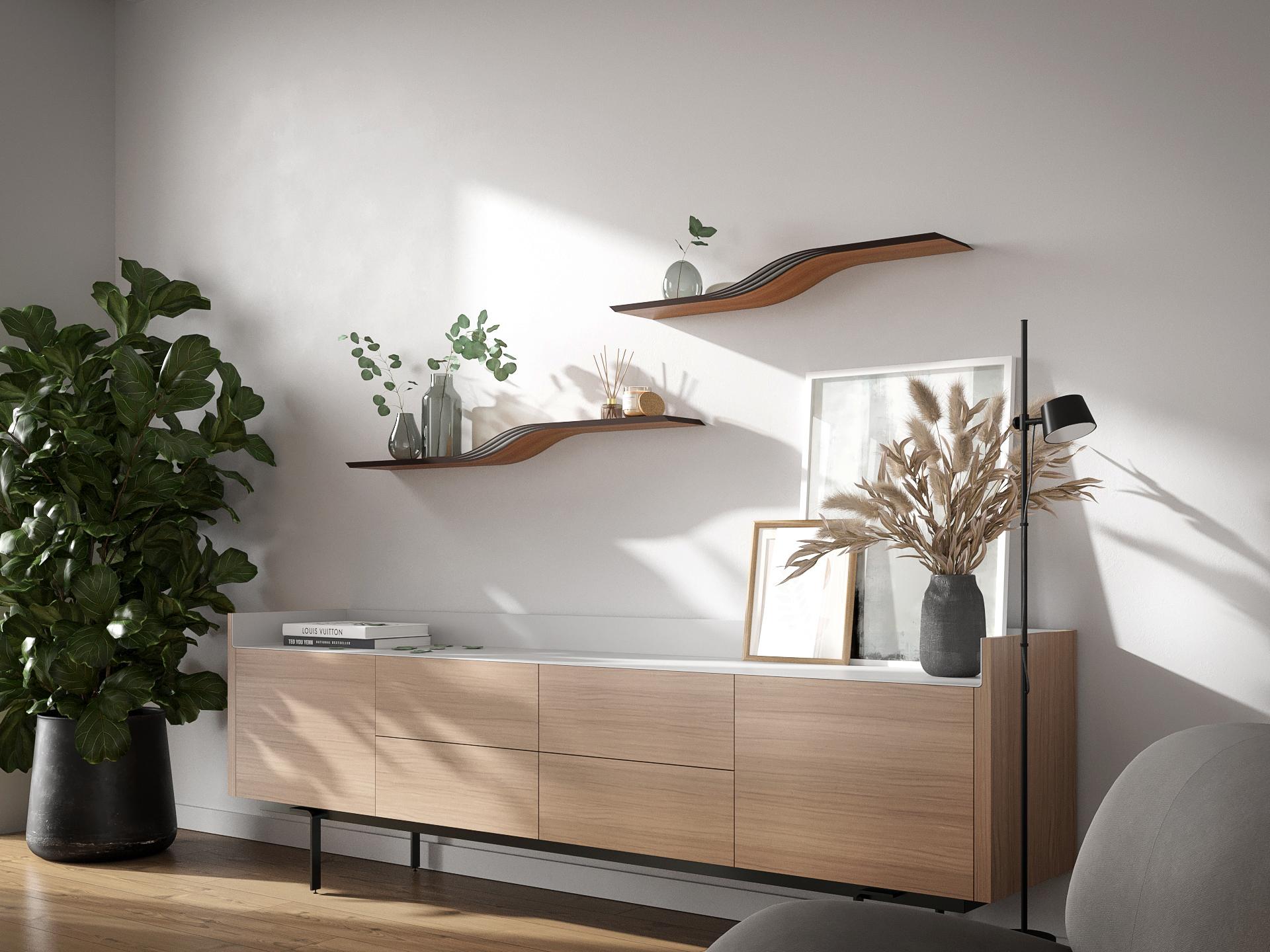 EWART WOODS floating wal shelves curved design from walnut wood