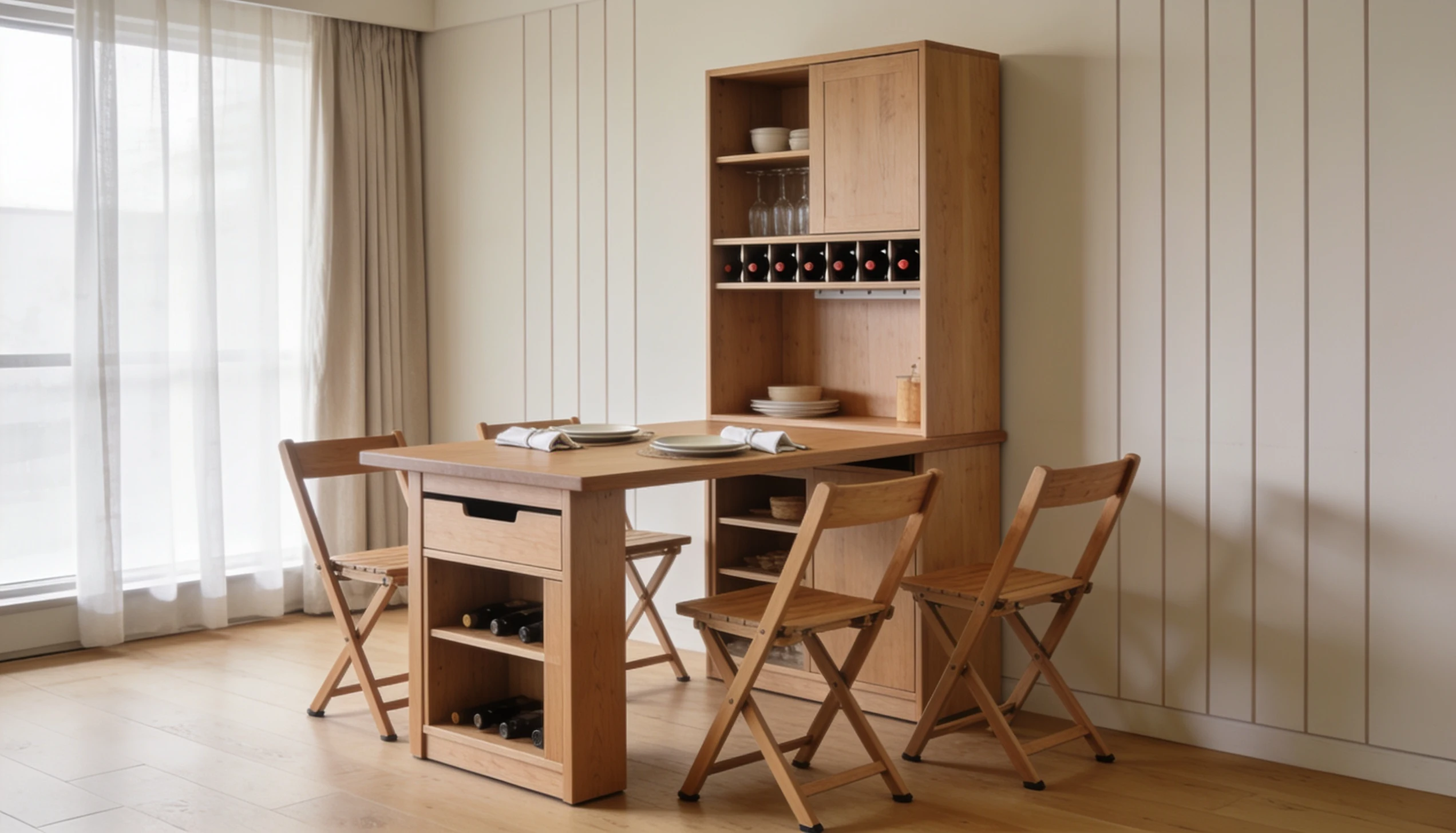 Compact wooden dining set with a fold-down table, wine rack, and folding chairs near a window with sheer curtains.