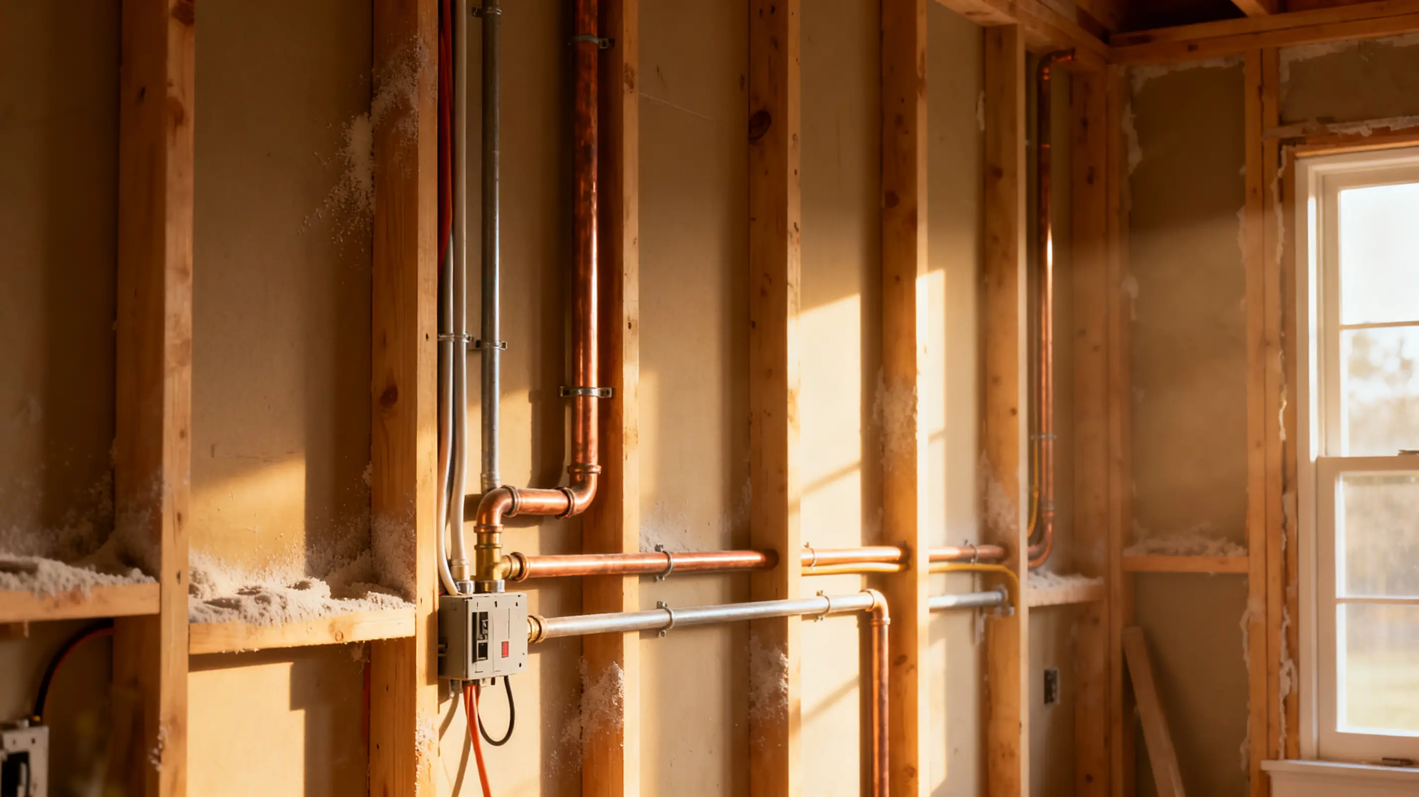 Exposed copper and metal pipes with electrical wiring in unfinished wall of sunlit room