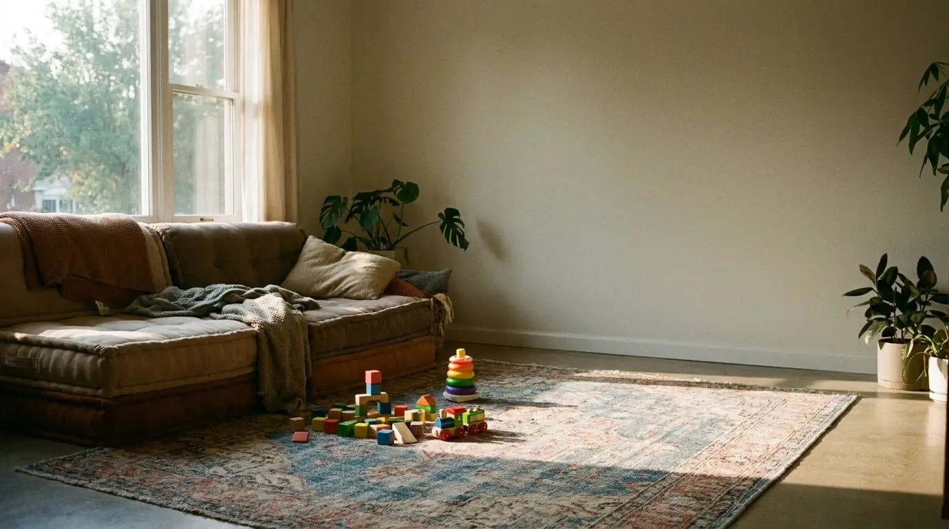 Cozy living room with beige sectional sofa, colorful toys on patterned rug, and houseplants by sunlight window