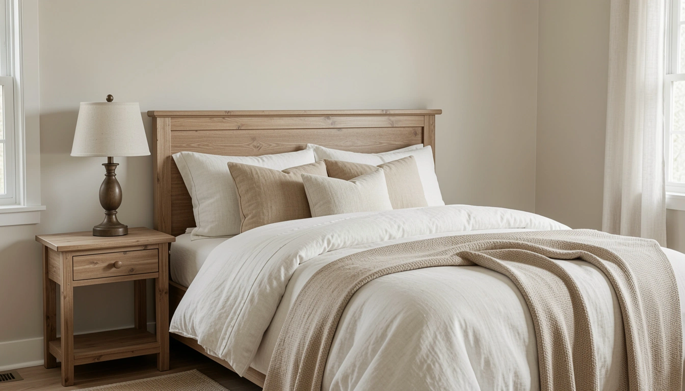 A modern farmhouse bedroom with white bedding, pillows, and a beige throw blanket sits beside a wooden nightstand