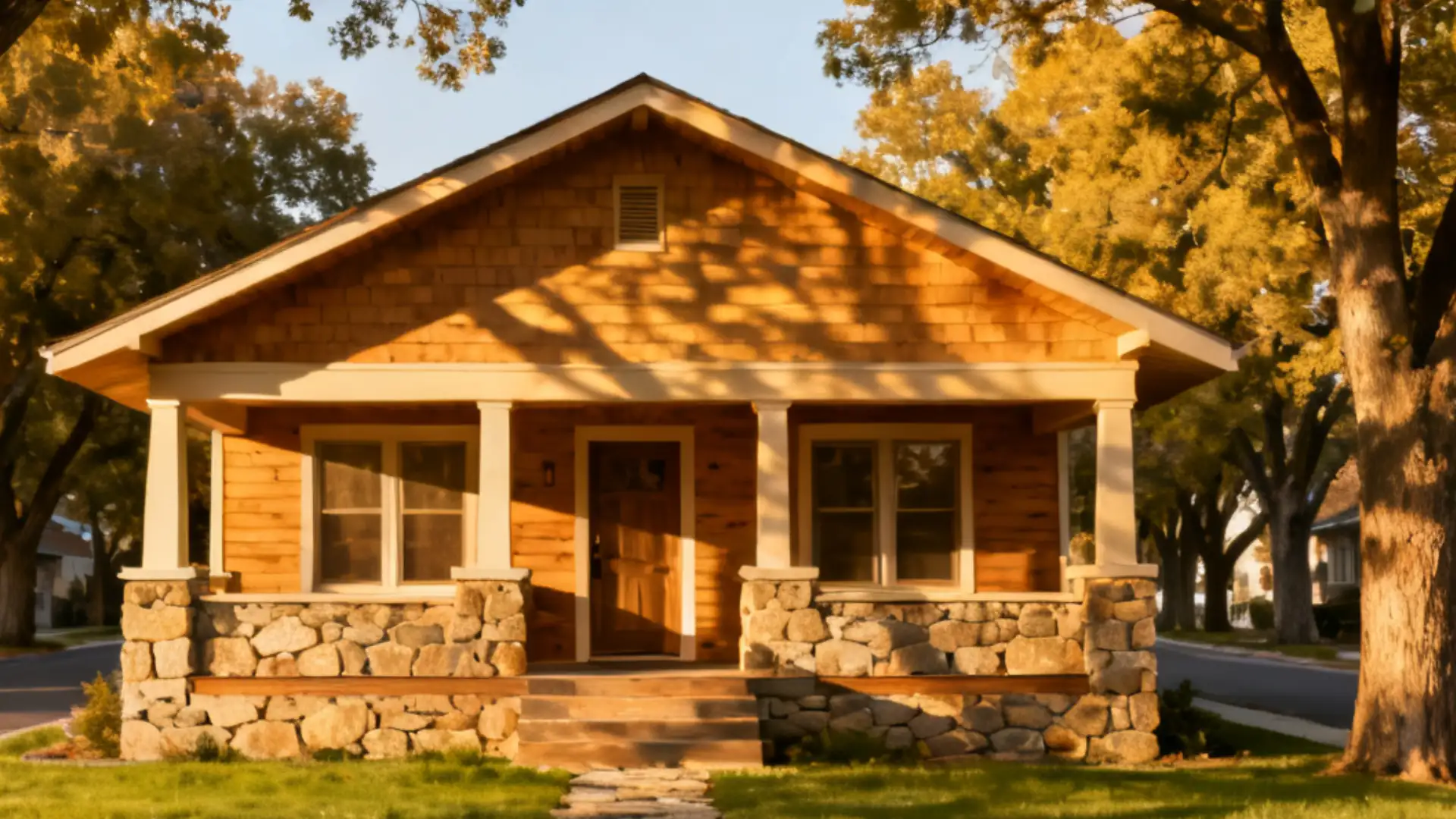 A craftsman-style home with wood siding and a stone foundation is surrounded by autumn trees.