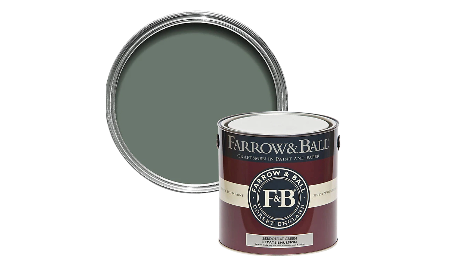 Farrow & Ball Berdoulat Green Estate Emulsion paint tin and open lid showing the paint color.