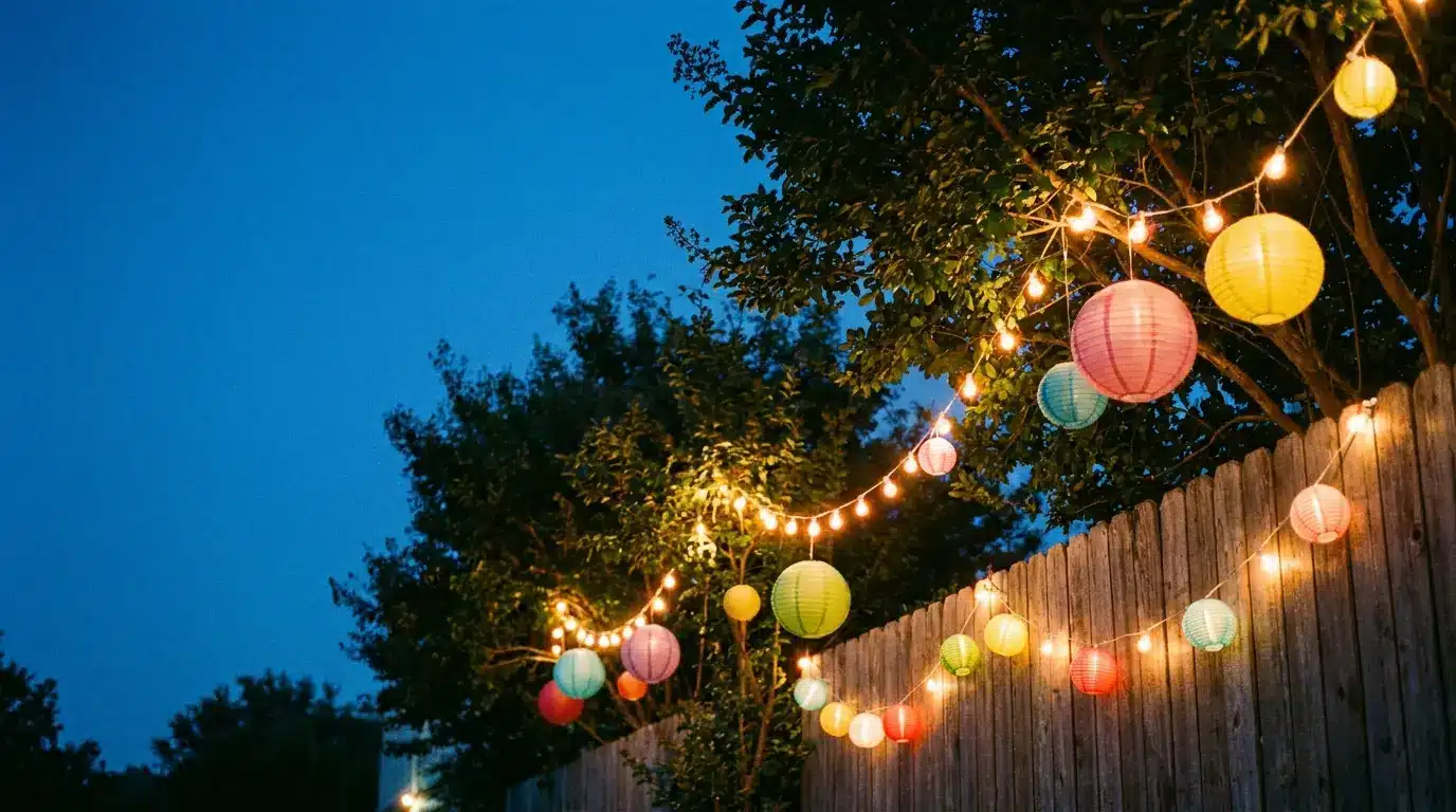 Colorful paper lanterns and string lights hanging in a backyard at dusk