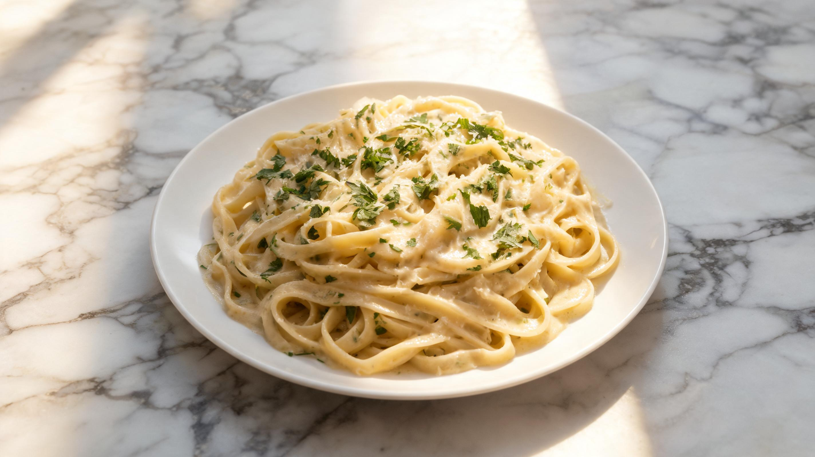 Plate of fettuccine Alfredo with creamy Parmesan sauce and chopped parsley on top.