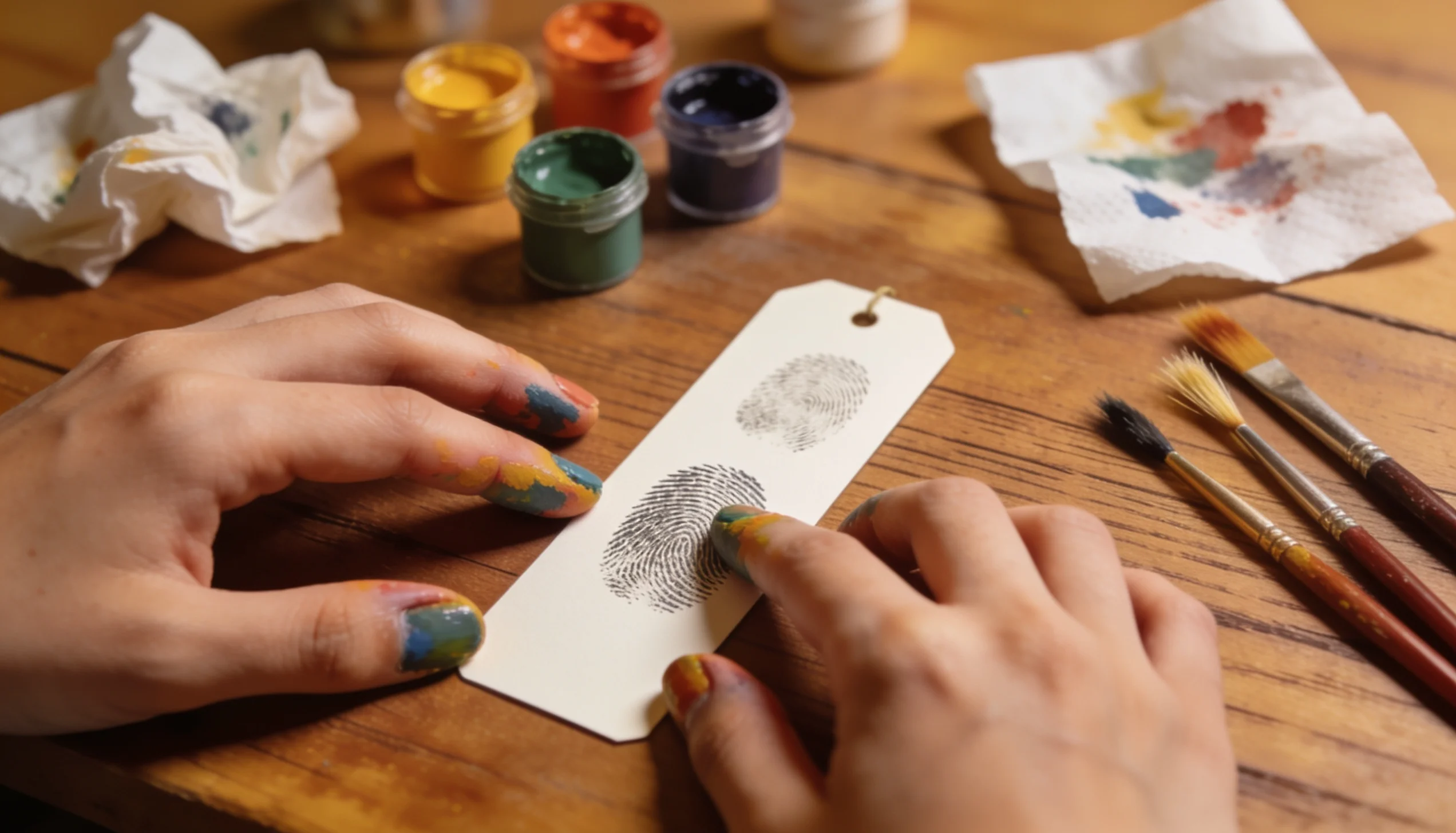 Hands with paint-stained fingers imprint fingerprints onto a white tag surrounded by art supplies.