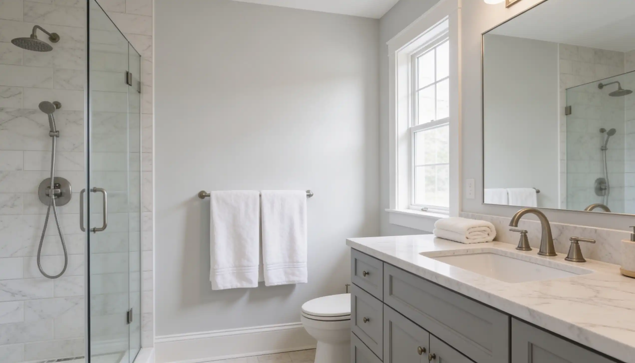 Bright, modern bathroom featuring a glass-enclosed shower with marble tile, a gray vanity with a white marble countertop, and a large mirror.