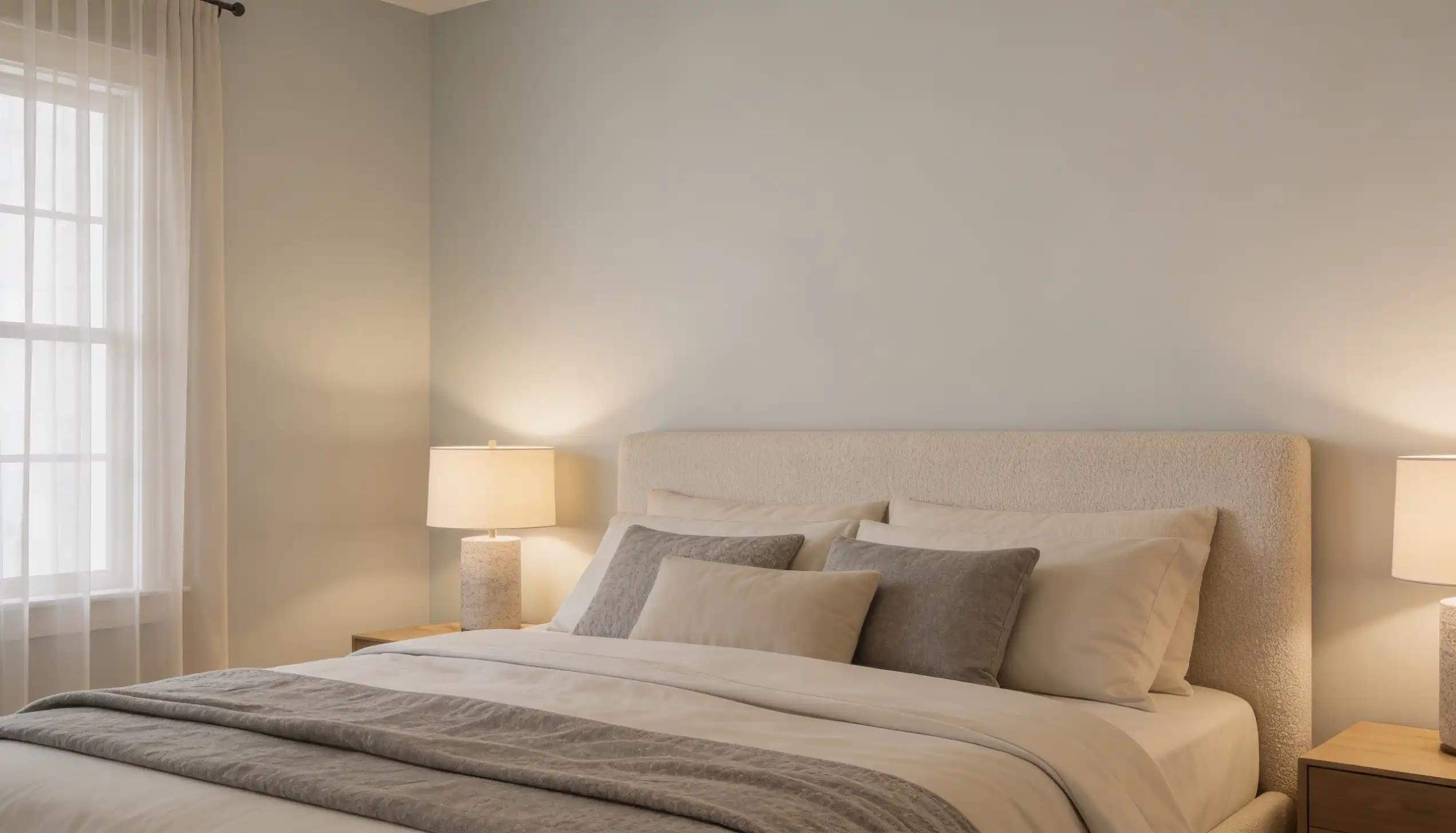 bedroom featuring a beige upholstered headboard, layered neutral bedding, a window with sheer white curtains, and matching lit bedside lamps.