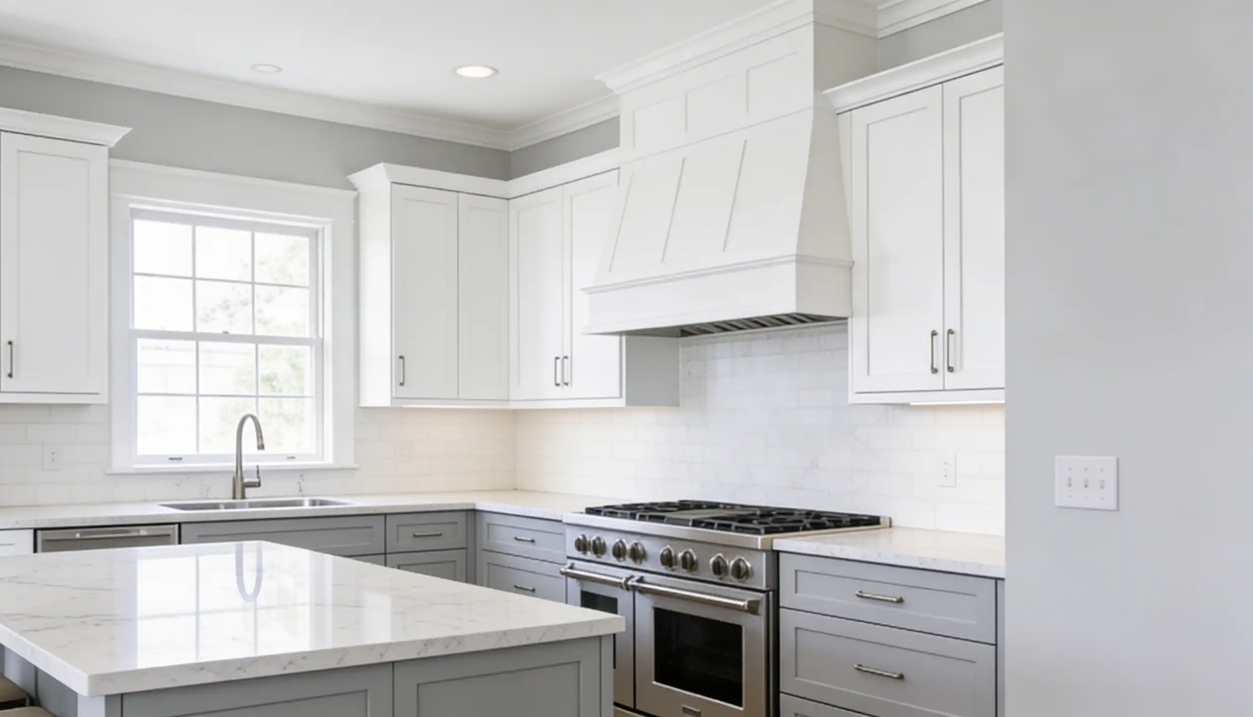 Modern kitchen featuring white upper cabinets, gray lower cabinets, stainless steel appliances, and white marble countertops.